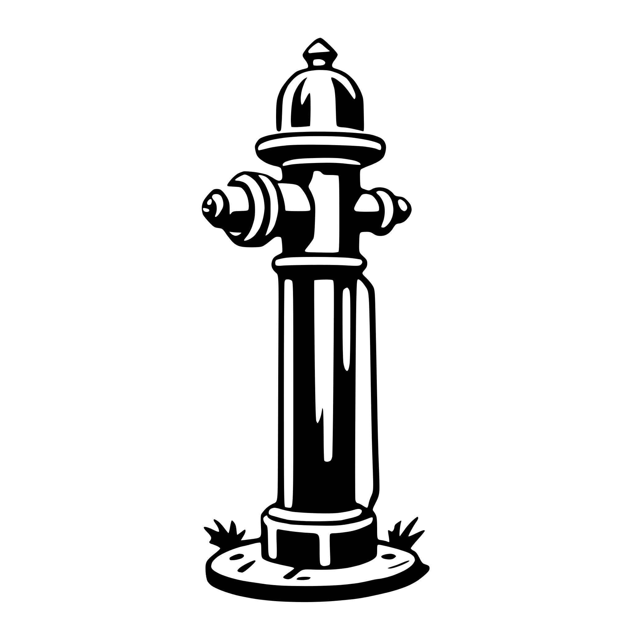 The SVG shows a black and white line drawing of a fire hydrant. The hydrant has a cylindrical body with a tapered top and a flared base, featuring a bolt-like detail at the bottom. There are three nozzles on the top of the hydrant, arranged in a triangular pattern. The hydrant is set against a plain background. There is no interaction between the objects as it is a static SVG. 