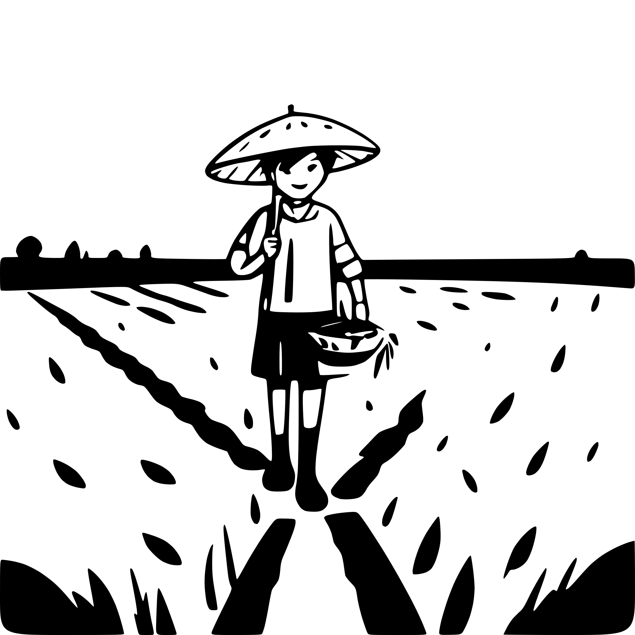 AI-generated SVG of a stick figure farmer in a rainy rice field