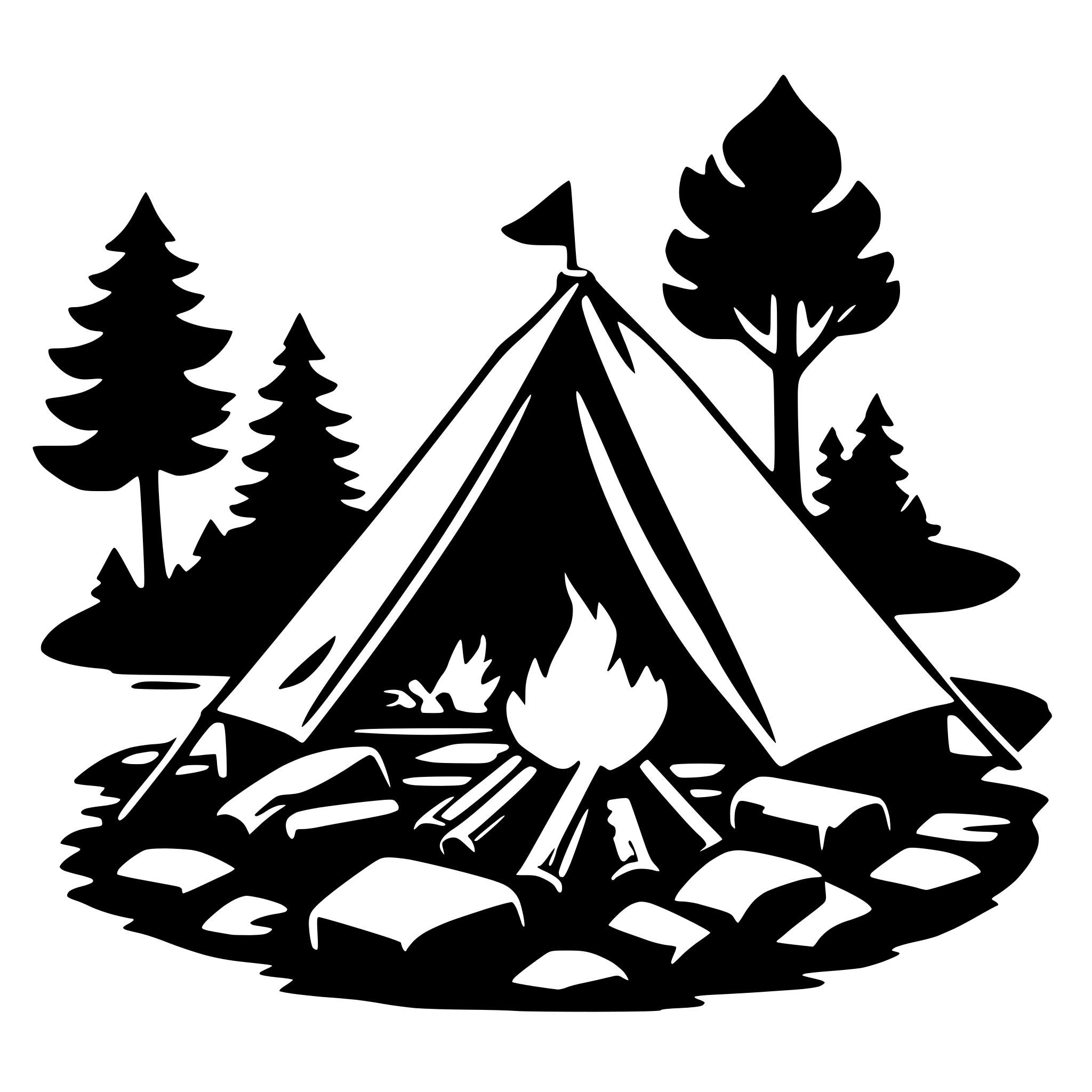 The SVG depicts a simplistic black and white illustration of a tent set up in a campsite. The tent is pitched on a bed of rocks and is surrounded by trees. A fire is burning in the center of the campsite, with smoke rising from it. The trees are stylized with simple outlines, and the tent is shown with its flaps open, suggesting it is ready for use. The overall scene conveys a sense of outdoor adventure and camping. 