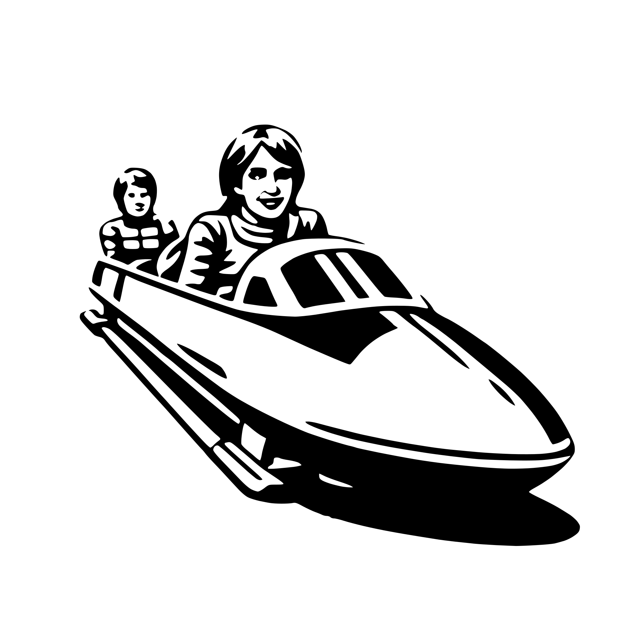 The SVG depicts a stylized, simplistic illustration of a spacecraft with two figures inside. The spacecraft has a streamlined, elongated shape with a pointed nose and a rounded rear section. It appears to be in motion, as suggested by the lines that represent the trajectory. The figures are seated one behind the other, with the front figure looking forward and the rear figure looking back, both with smiles on their faces. The figures are wearing what seems to be a protective or space suit, with the front figure's suit having a hood and the rear figure's suit having a visor. The overall style is reminiscent of a classic space adventure, with a playful and cartoonish quality. 