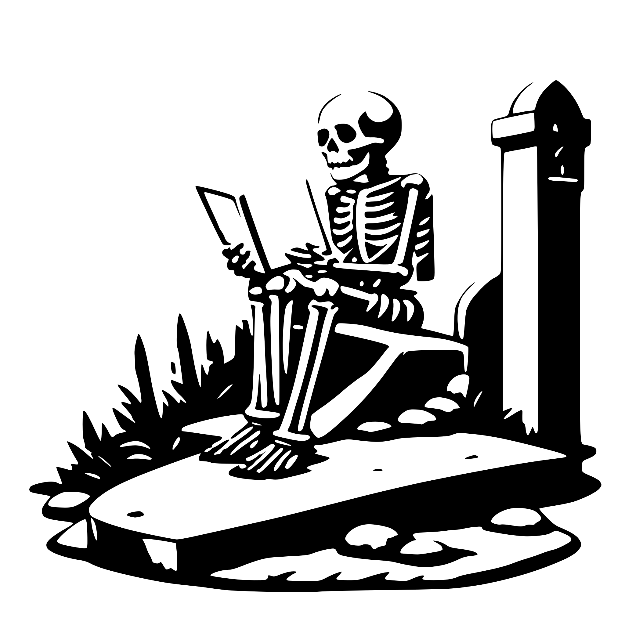 AI-generated SVG of 'a skeleton reading on a grave'
