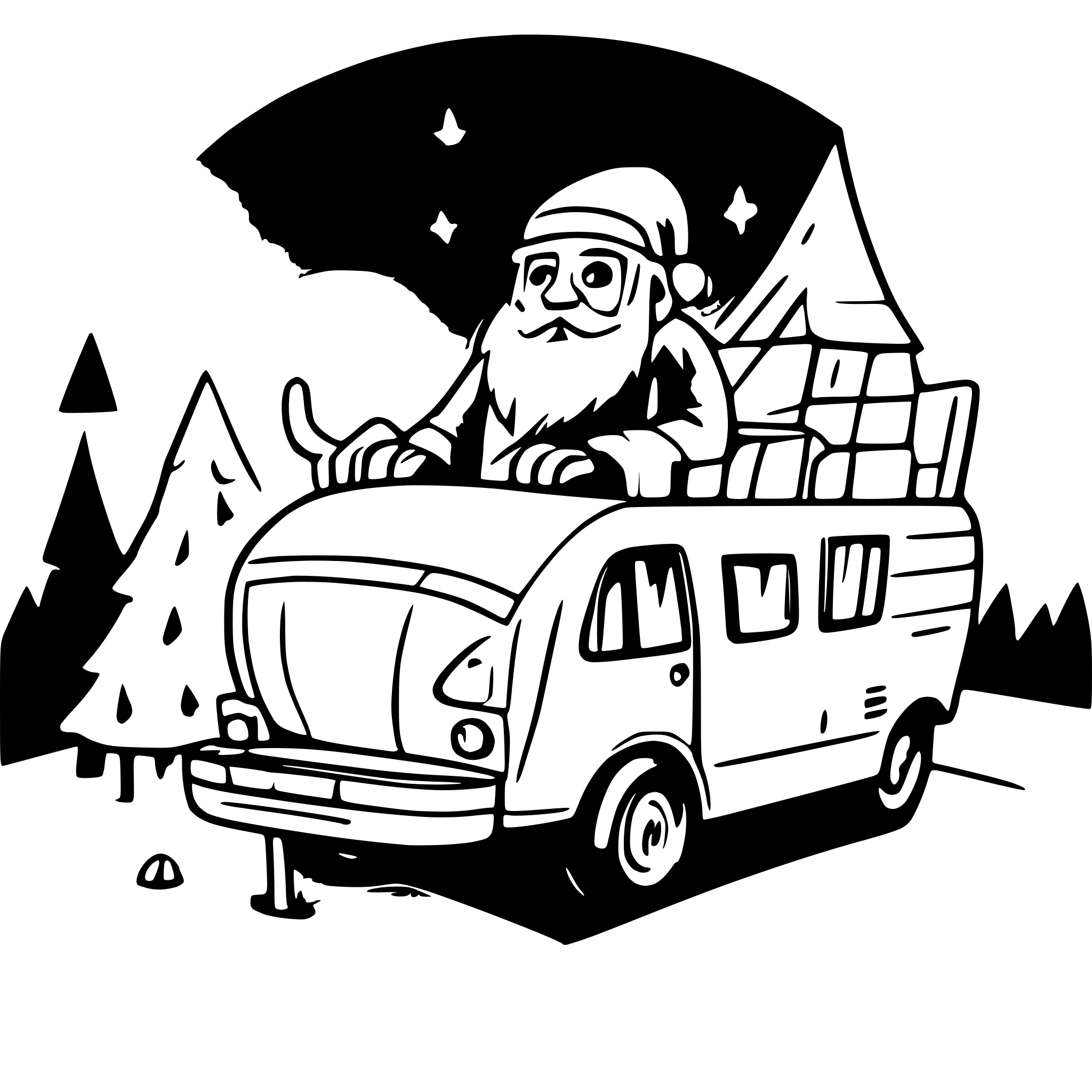 AI-generated SVG of a santa reclining in front of a camper.  the camper is being pulled by reindeer