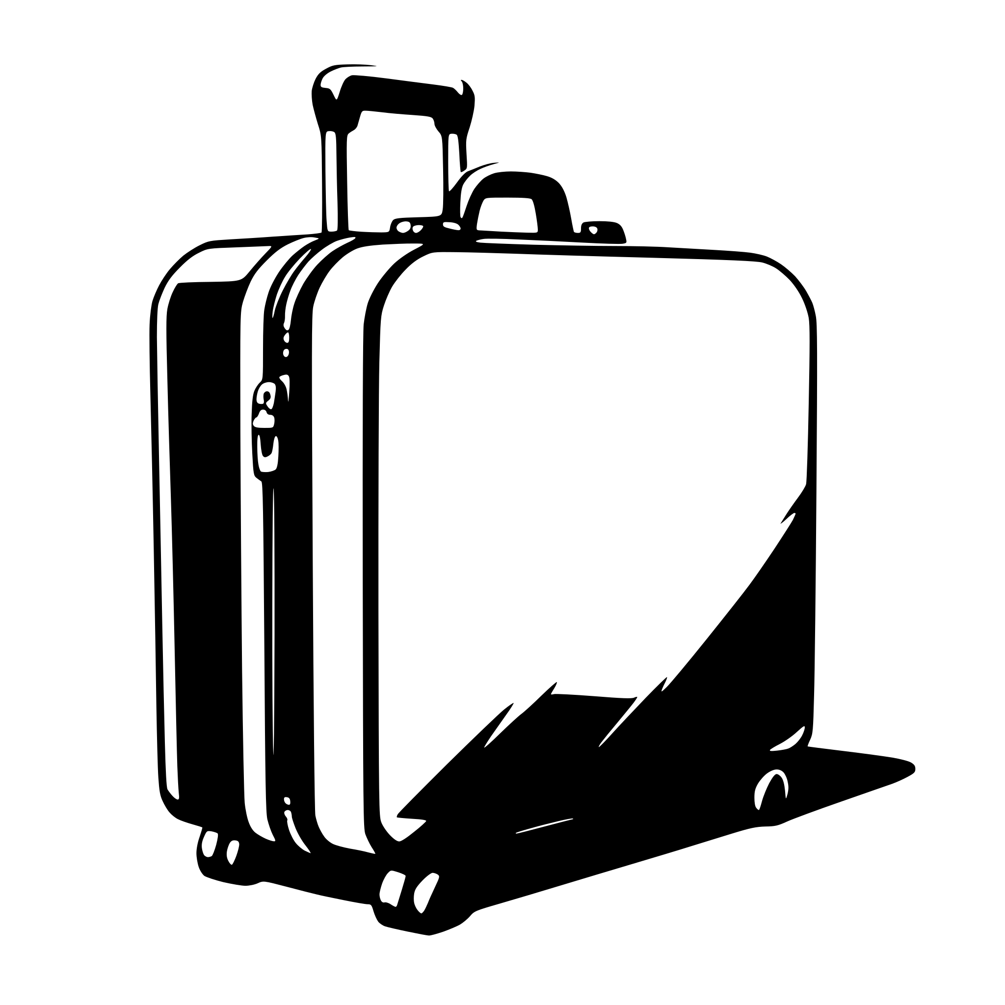 The SVG shows a simple line drawing of a suitcase. The suitcase is depicted with a rectangular body, a handle on top, and a pair of wheels at the bottom. The suitcase is shown in a side view, with the handle extended upwards and the wheels extended outwards. The drawing is minimalistic, with no additional details or textures. The suitcase is the central object in the SVG, and there are no other objects or interactions depicted. 