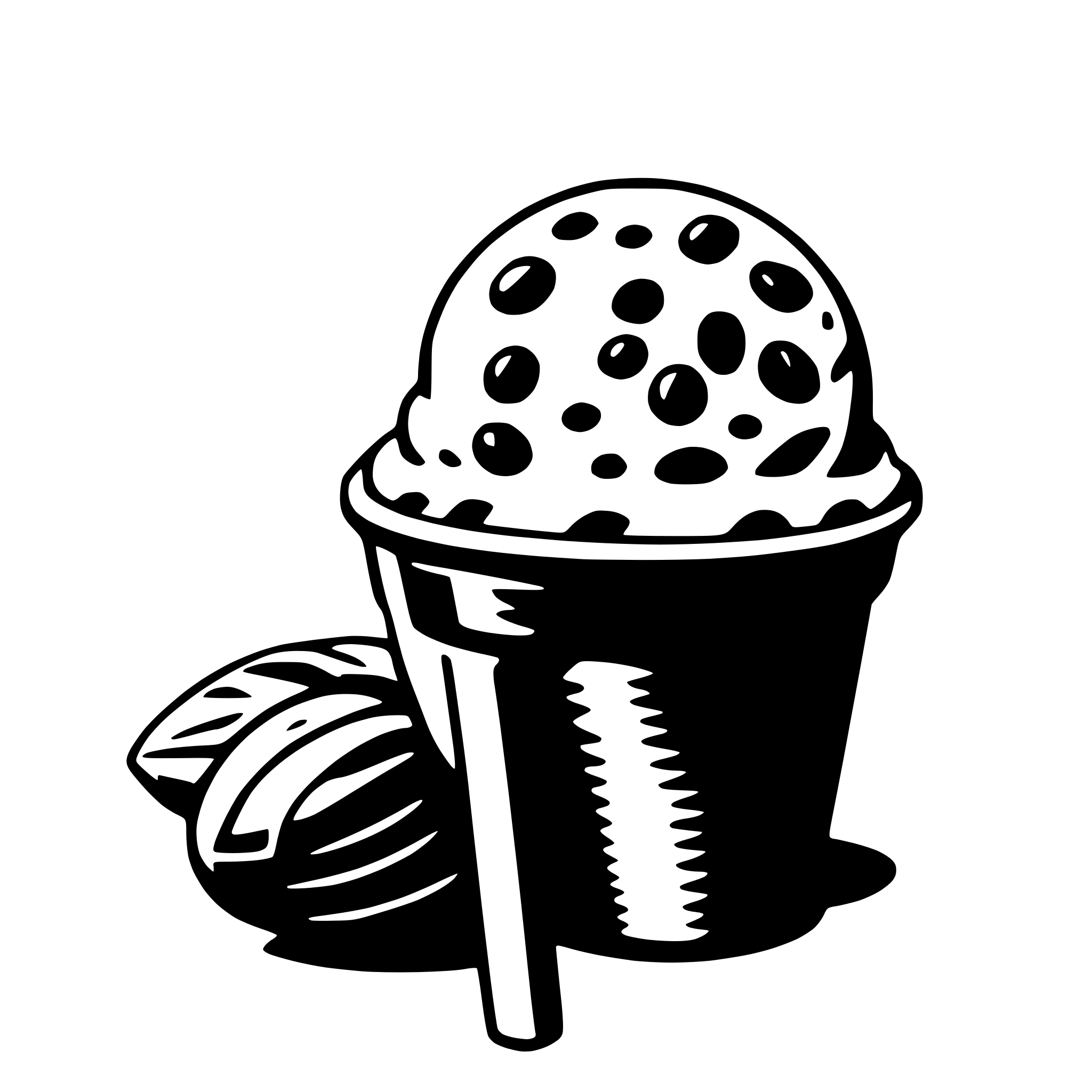 The SVG depicts a simple, stylized illustration of a soft serve ice cream cone with a scoop of ice cream on top, placed on a waffle cone. The ice cream is textured to represent the typical appearance of soft serve ice cream, with small, dark dots suggesting the presence of chocolate chips or a similar topping. The waffle cone is shown in a classic, conical shape with a smooth, shiny surface. The ice cream and waffle cone are the main objects in the SVG, and they are positioned in such a way that the ice cream is the central focus, with the waffle cone providing a base for the ice cream. There is no interaction between the objects; they are stationary and do not appear to be in motion. 