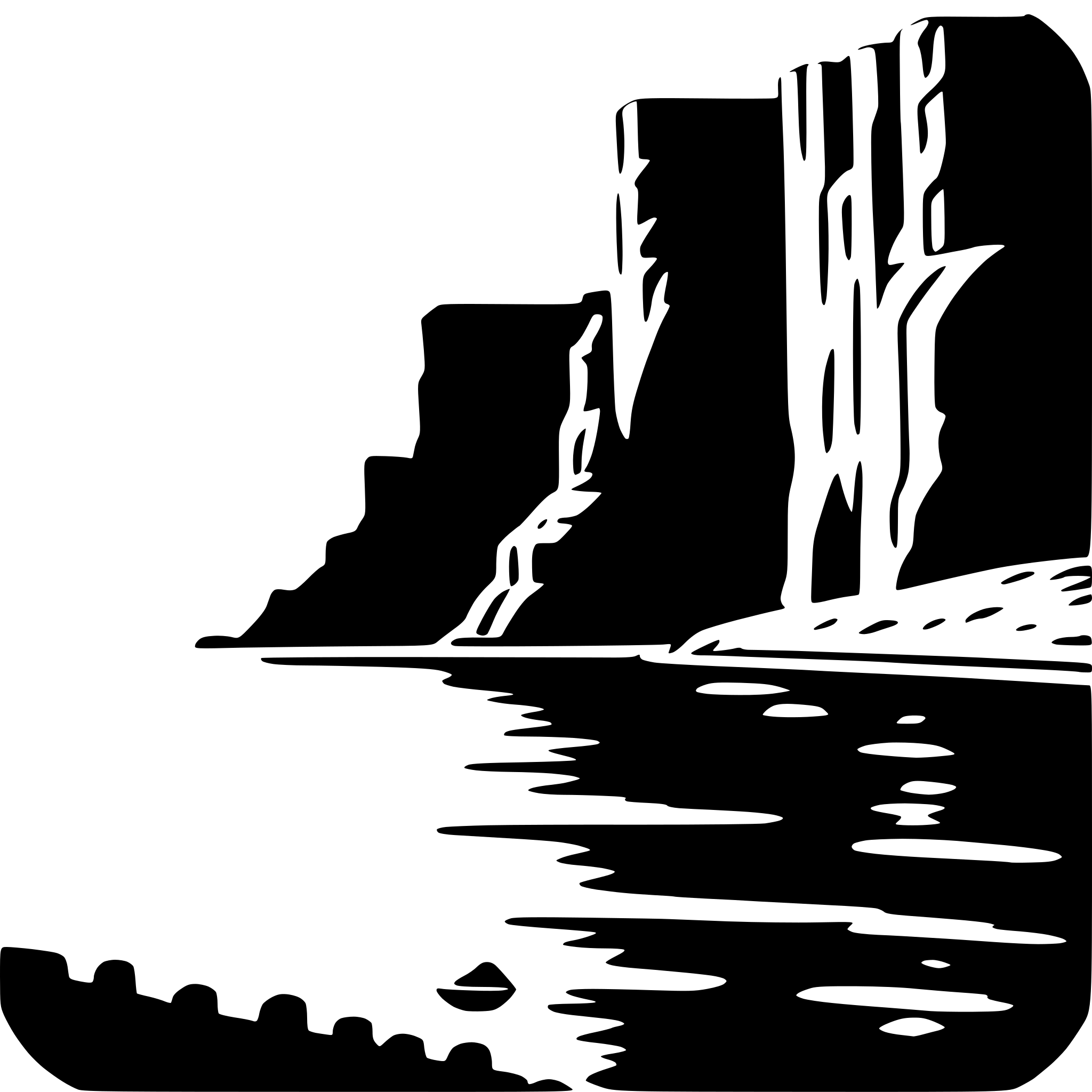 The SVG depicts a stylized, black and white illustration of a landscape scene. The main objects are a body of water, which appears to be a river or lake, and a series of cliffs or rock formations on the opposite shore. The water is represented with a wavy line, suggesting movement or the presence of waves. The cliffs are depicted with jagged lines and varying heights, giving a sense of depth and texture. There is a small, circular object floating on the water, which could be a rock or a buoy. The overall style is simplistic and graphic, with no shading or gradients, relying on line work to convey the scene. 