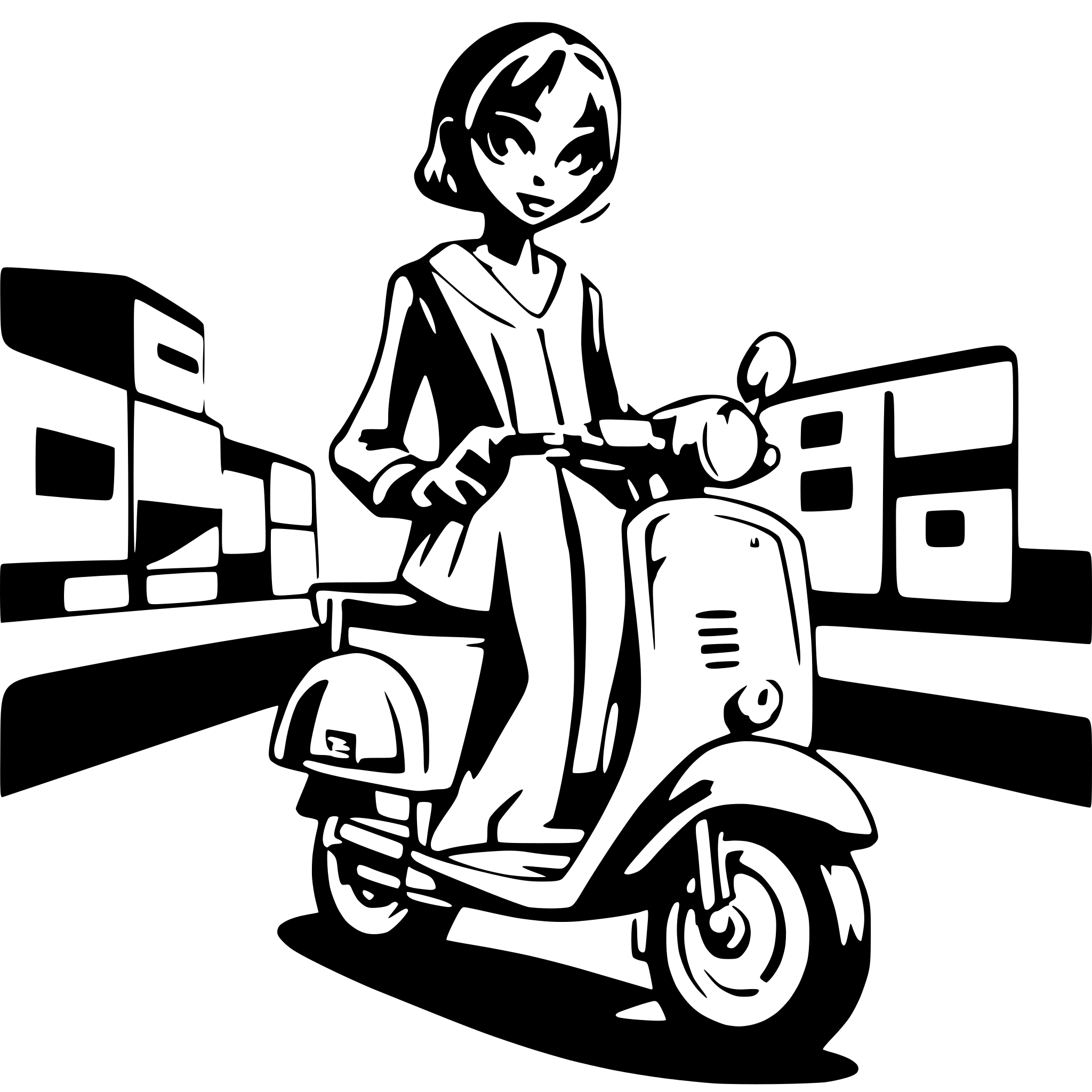 AI-generated SVG of a Short hairs colored black women on a vespa