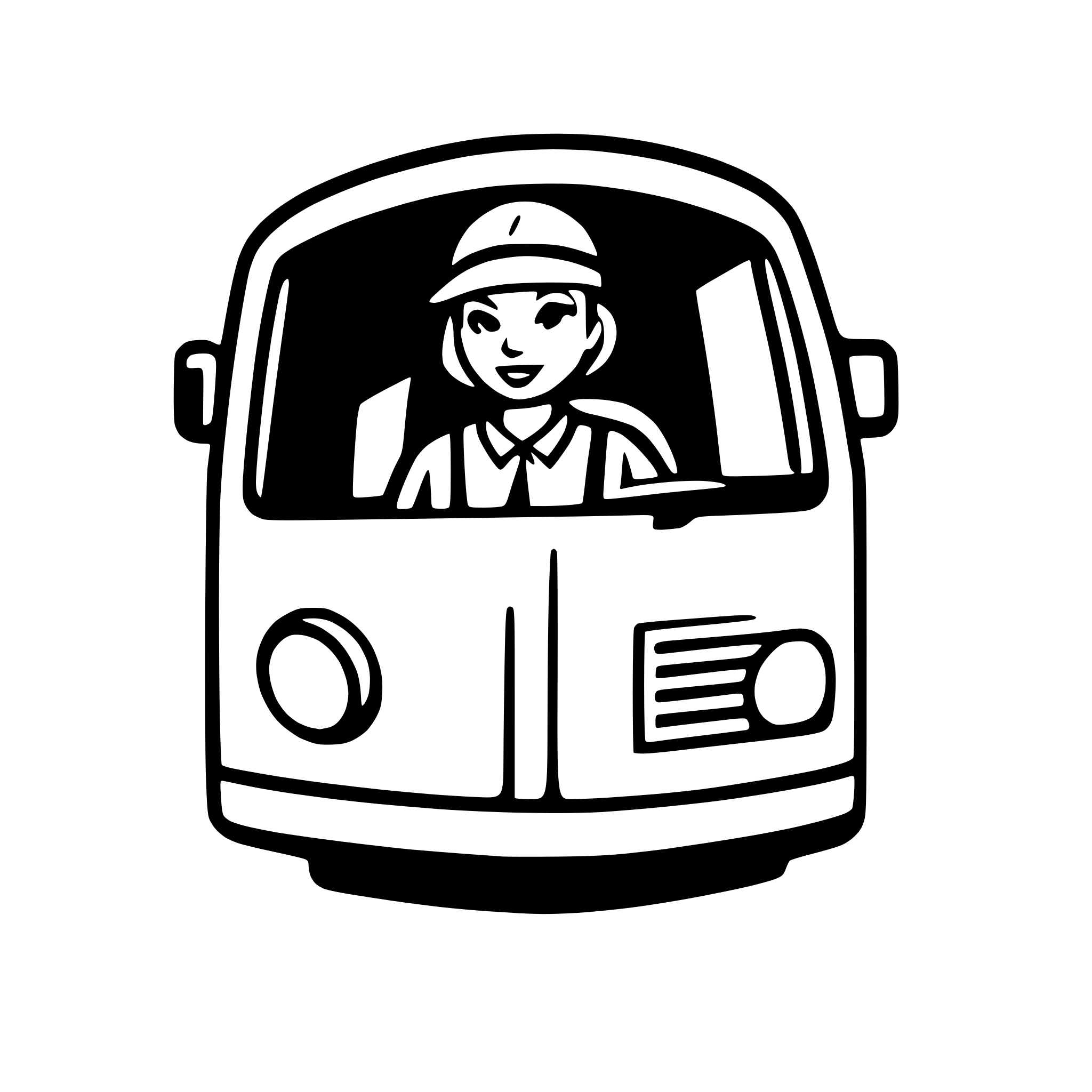 AI-generated SVG of a Minimalist monochrome icon of a city bus with a stylized bus driver inside, clean lines, no shading, suitable for vinyl T-shirt print