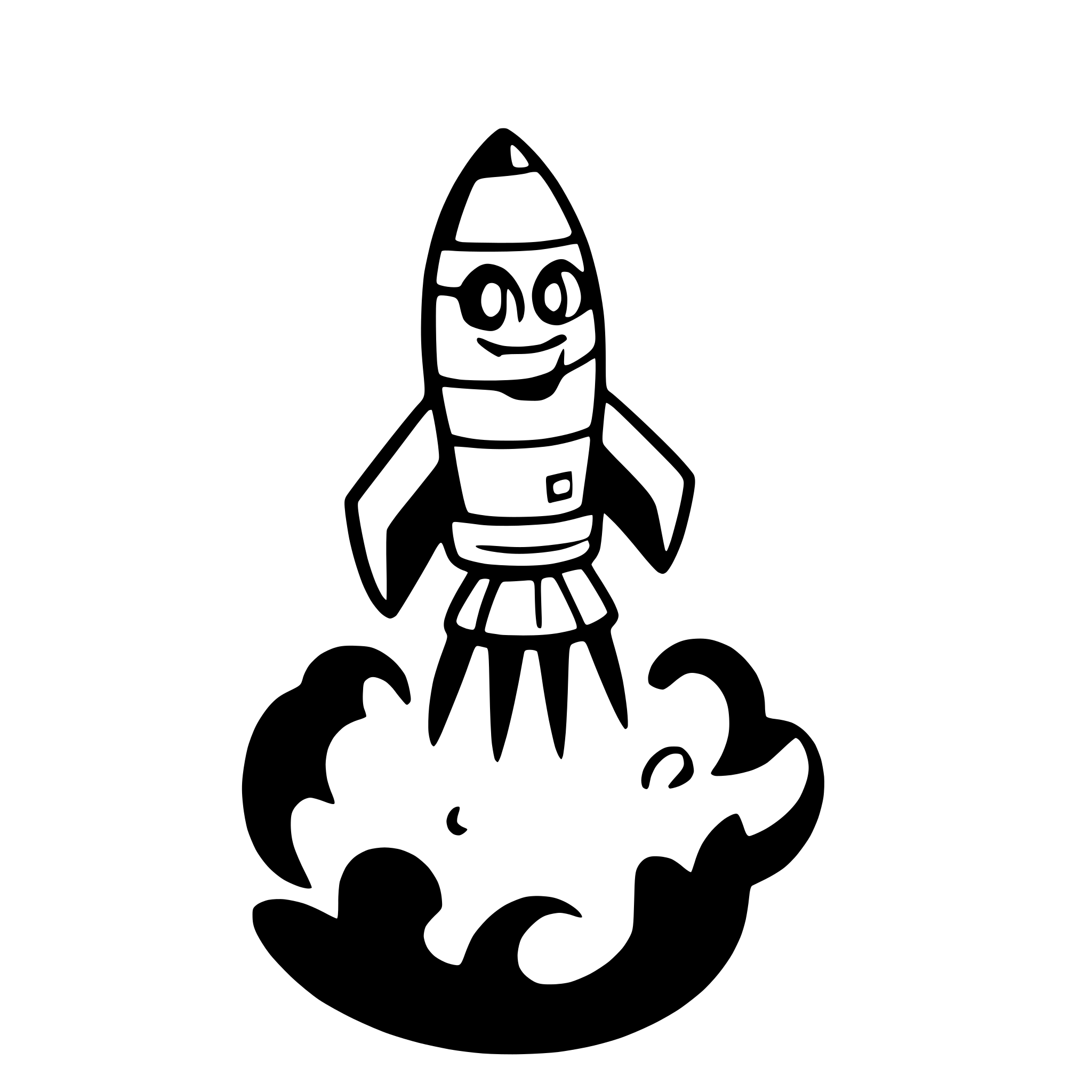 AI-generated SVG of a a smiling rocket blasting off into space