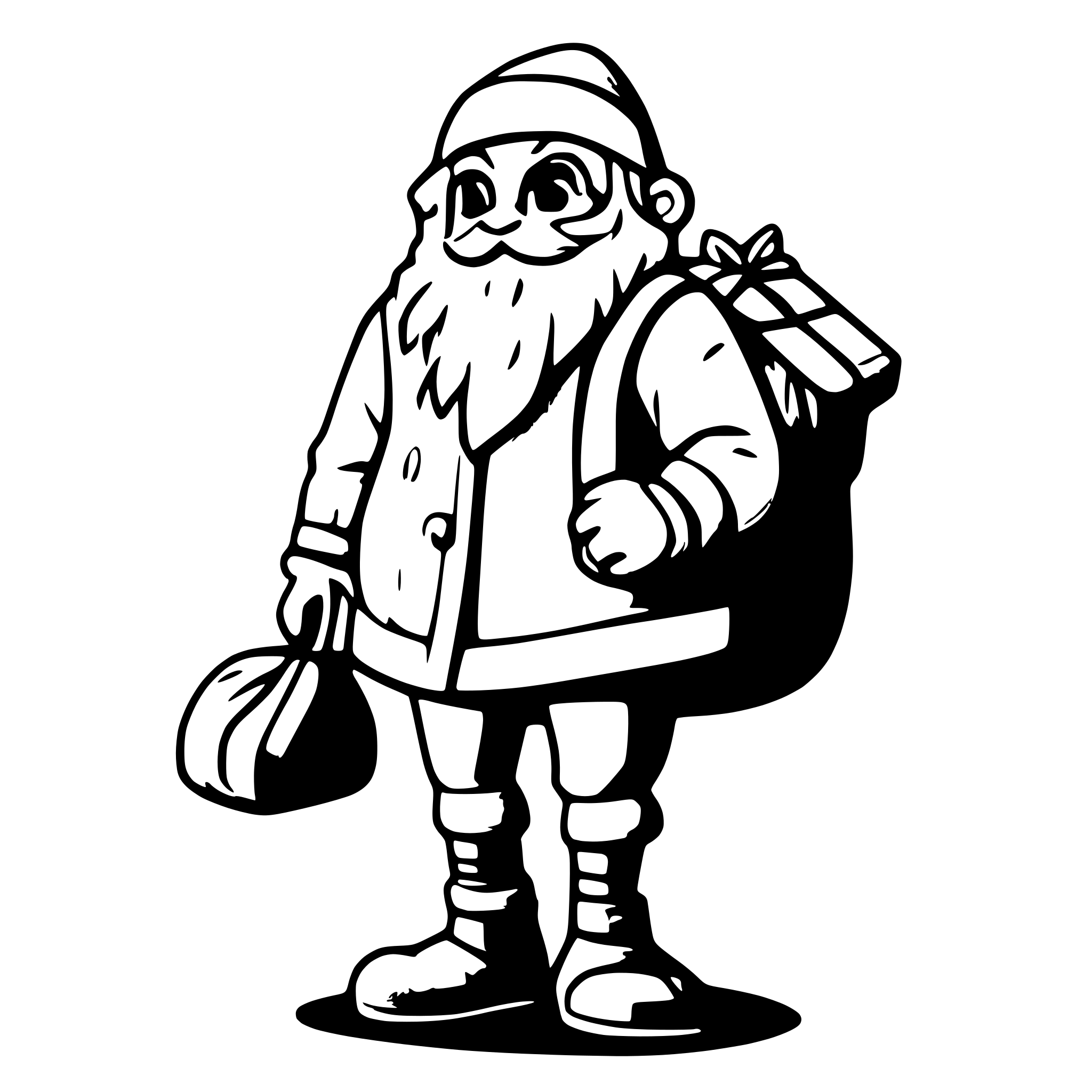 AI-generated SVG of a Generate a Santa Claus who is walking and pulling his big sack of presents behind him