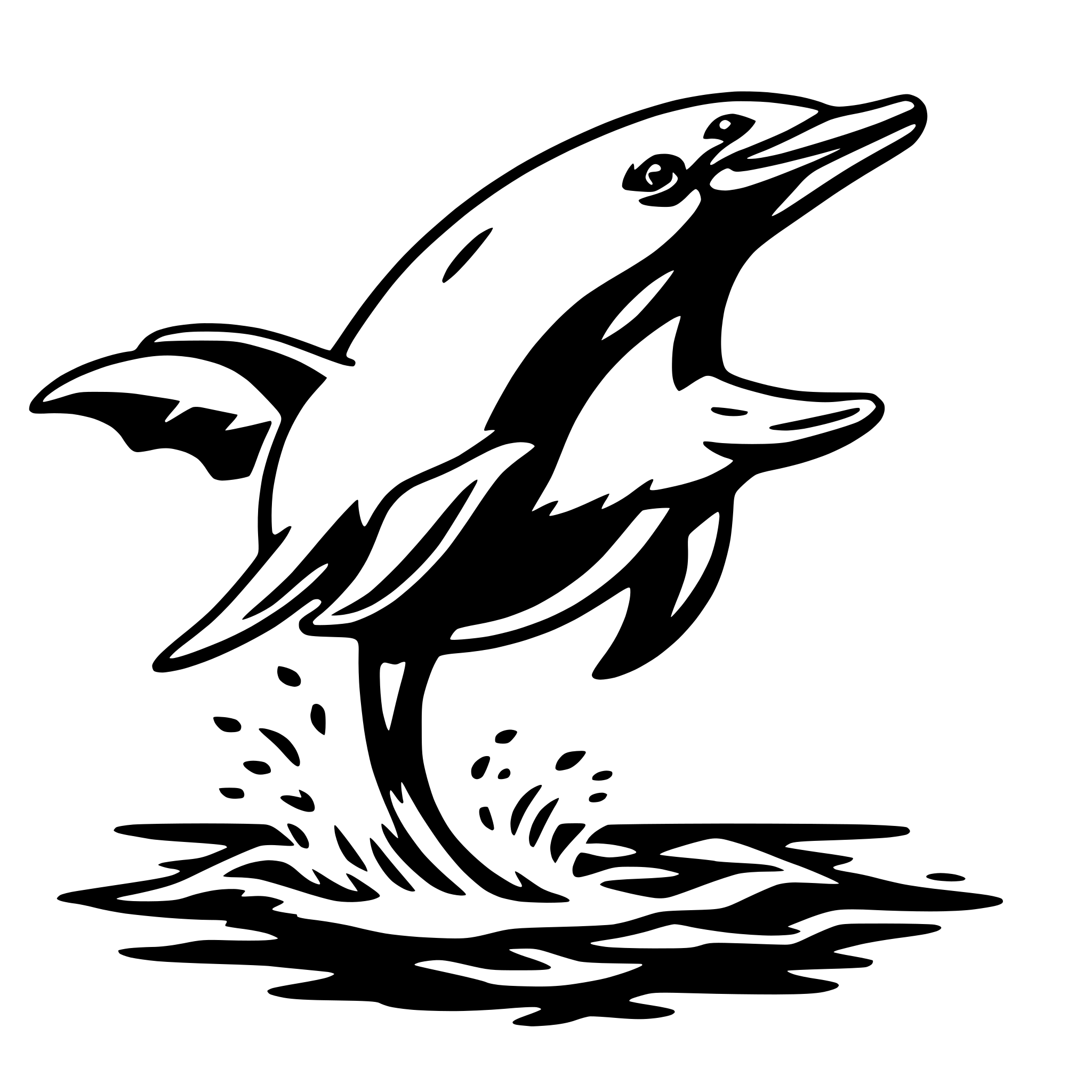 The SVG depicts a stylized black and white illustration of a dolphin. The dolphin is shown in a dynamic pose, leaping out of the water with its body arched and its tail fin raised. The water around the dolphin is depicted with splashes and ripples, suggesting movement and the action of the dolphin jumping. The dolphin's mouth is open, and its eyes are visible, giving a sense of expression and life. The SVG is simple yet conveys a sense of energy and freedom associated with marine life. 