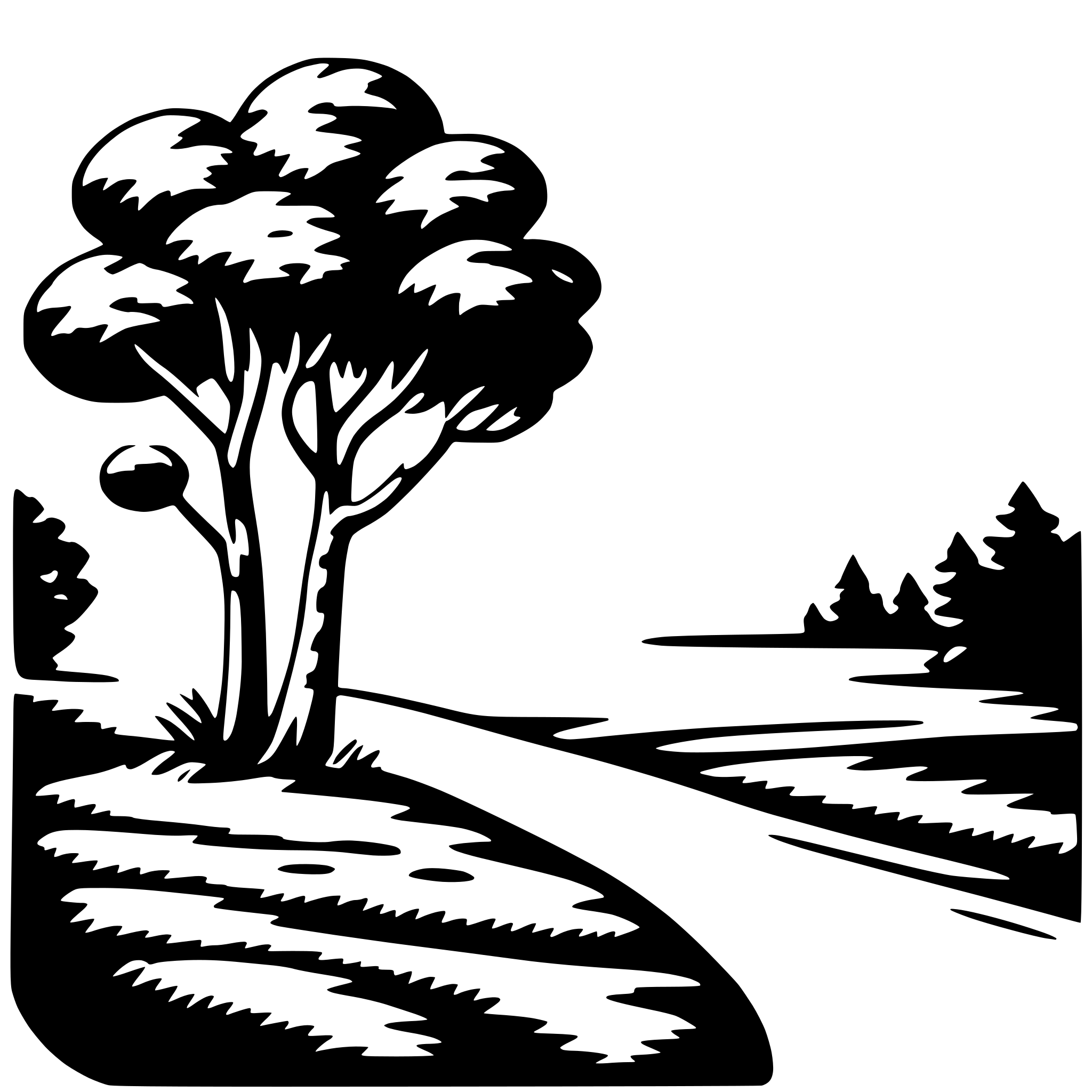 The SVG depicts a stylized, monochromatic scene. The main objects are a tree and a path. The tree is on the left side of the SVG, with its trunk and branches extending upwards and outwards. The path curves gently to the right, leading towards the tree. The background is a simple, flat representation of a landscape with a horizon line, suggesting a path leading towards a distant view. The style is minimalistic and graphic, with no shading or textures, relying on solid lines and shapes to convey the scene. 
