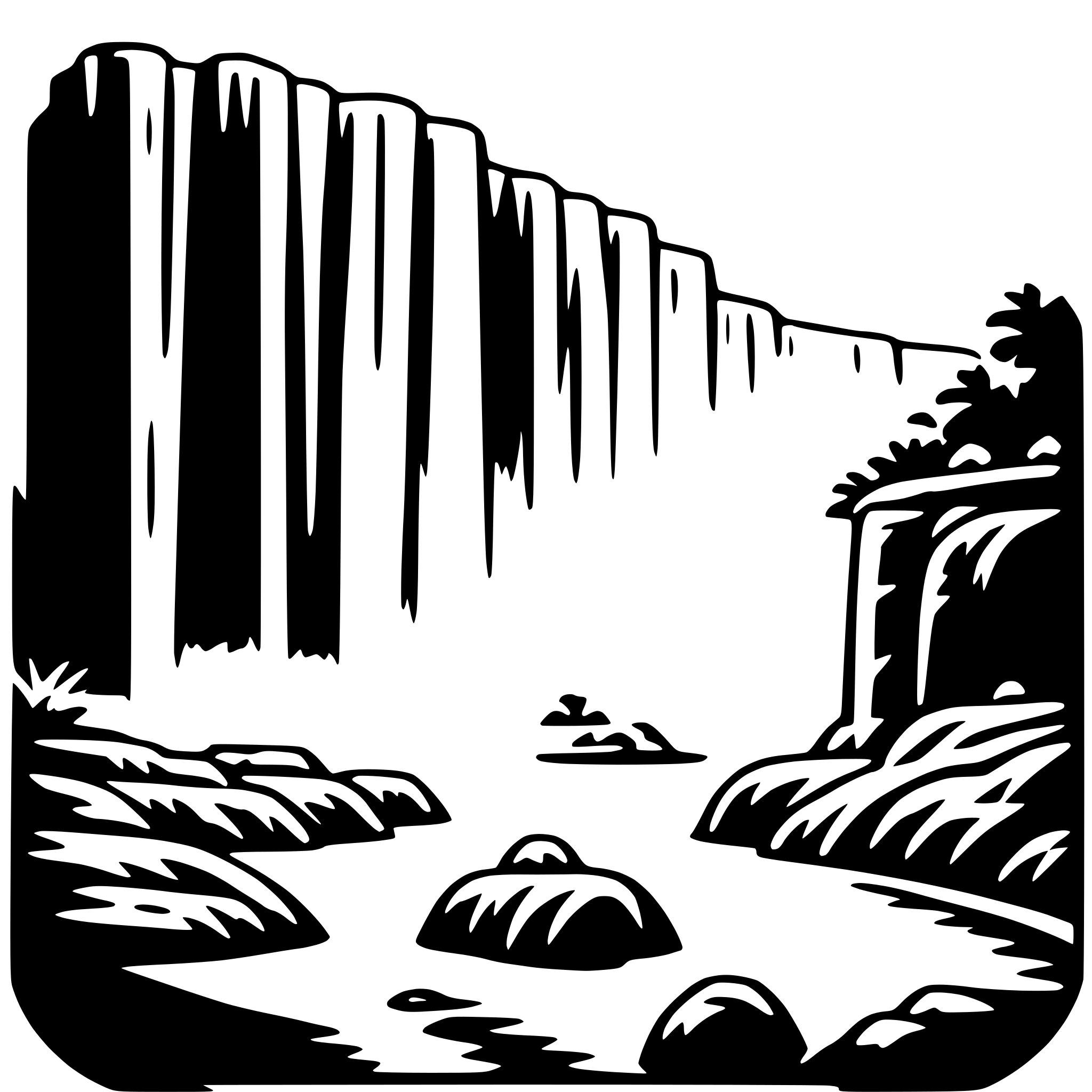 The SVG depicts a stylized landscape scene. The main objects are a series of vertical cliffs or rock formations on the left side, which appear to be part of a mountain range. In the center, there is a body of water, possibly a river or a lake, with ripples suggesting movement. On the right side, there is a smaller, more rounded rock formation, which could be an island or a separate rock formation. The scene is framed by a border that suggests a window or a frame, giving the impression that the viewer is looking at a scene through this border. The overall style is simplistic and graphic, with a limited color palette that emphasizes the shapes and forms of the landscape. 