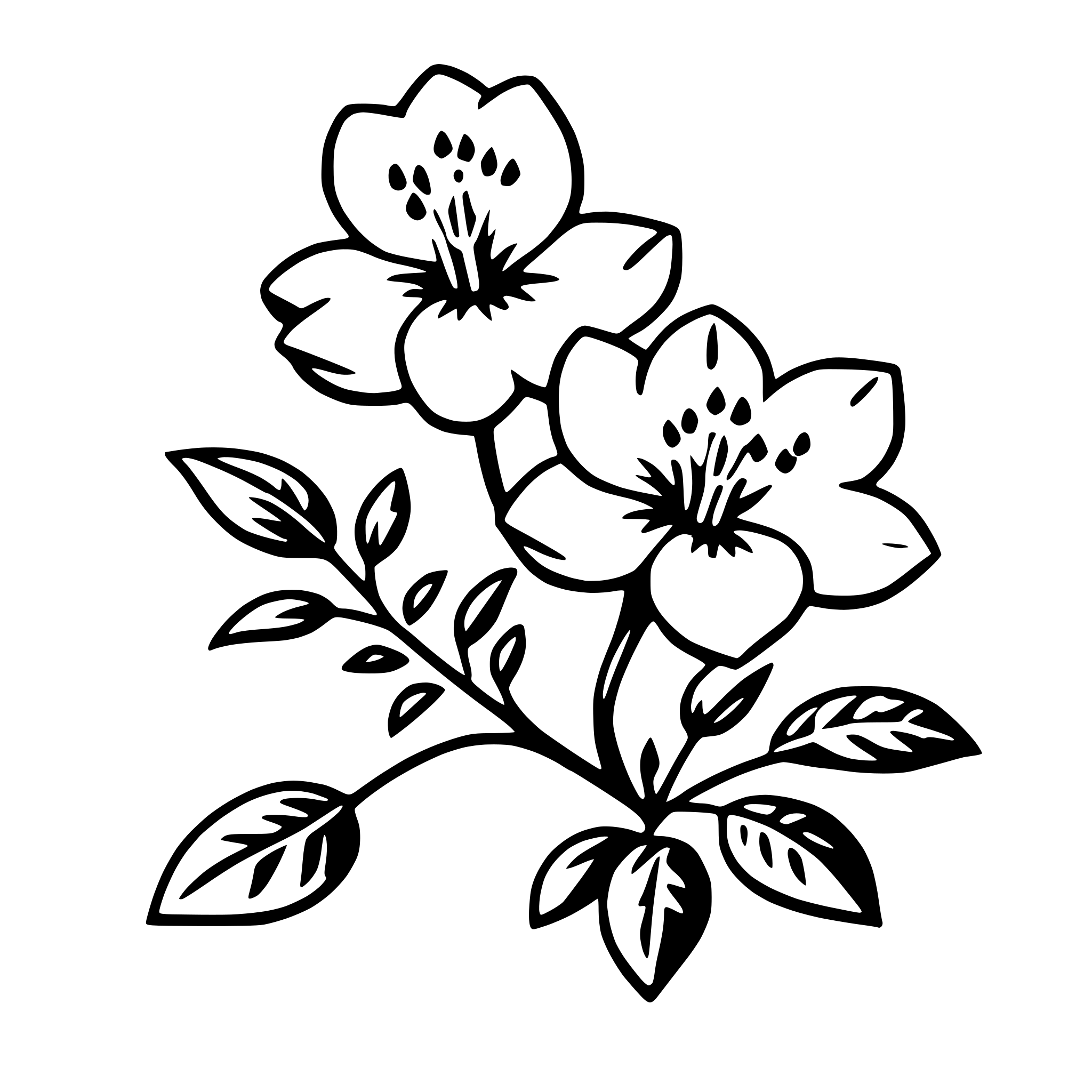 The SVG depicts a stylized black and white illustration of a flower with five petals, a central disc, and a stem with leaves. The flower is the central focus, with the leaves extending outward from the stem. The leaves are detailed with veins, and the stem is thin and curved. The overall style is simple and graphic, with clean lines and a lack of shading or texture. 