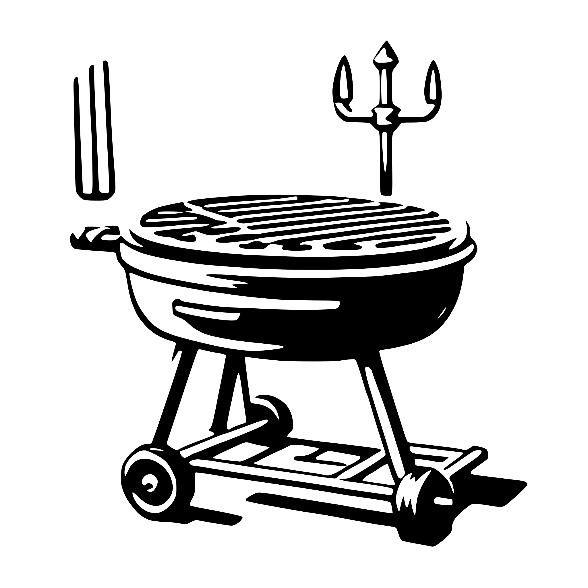 The SVG depicts a simple, stylized illustration of a barbecue grill. The grill is shown with a lid, and there are three utensils visible: a fork, a knife, and a pair of tongs. The grill is placed on a stand with wheels, suggesting it is a portable model. The utensils are positioned as if they are resting on the grill, ready for use. The SVG is a vector graphic, which means it is scalable and can be resized without losing quality. 