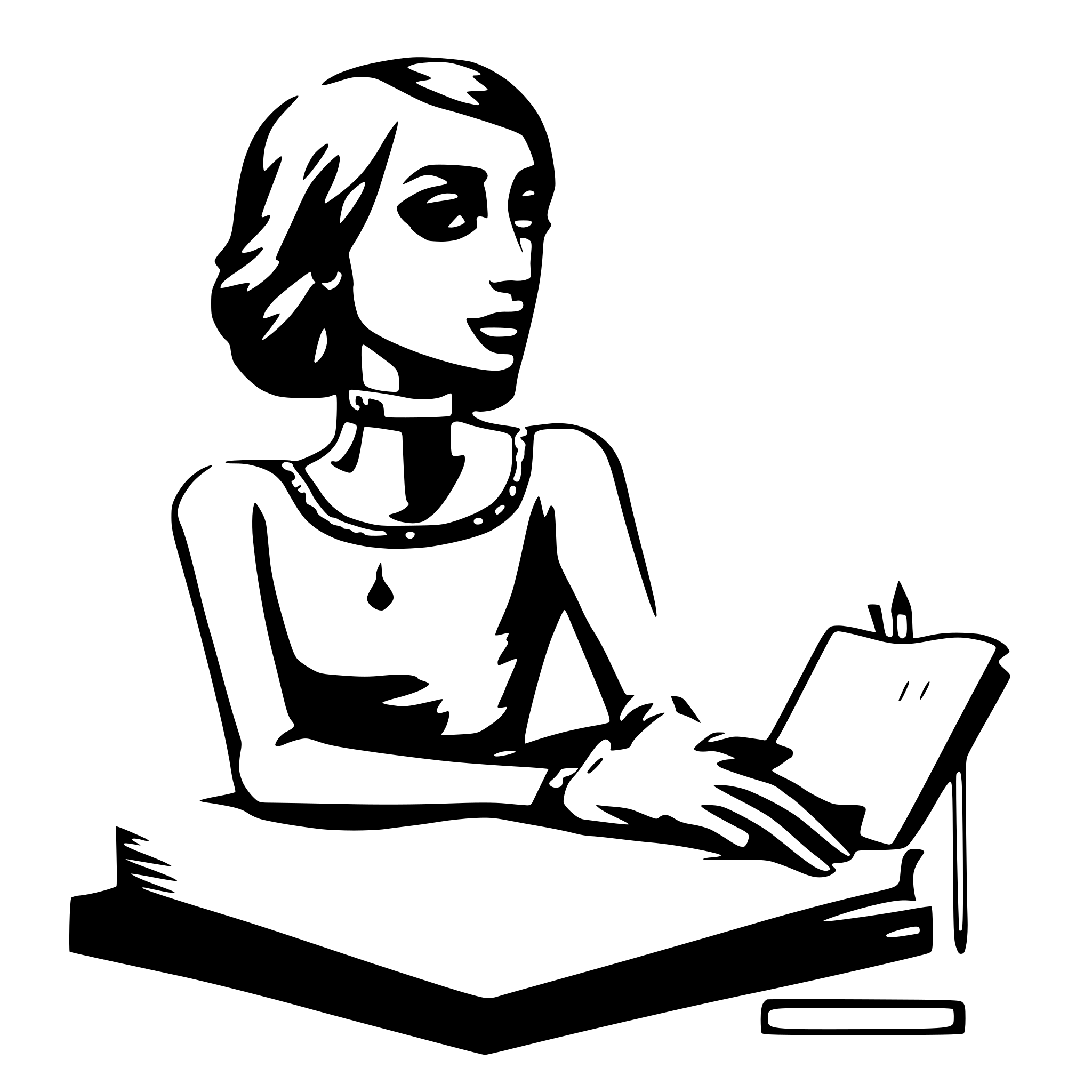 AI-generated SVG of a art mannequin with book, writing on the book