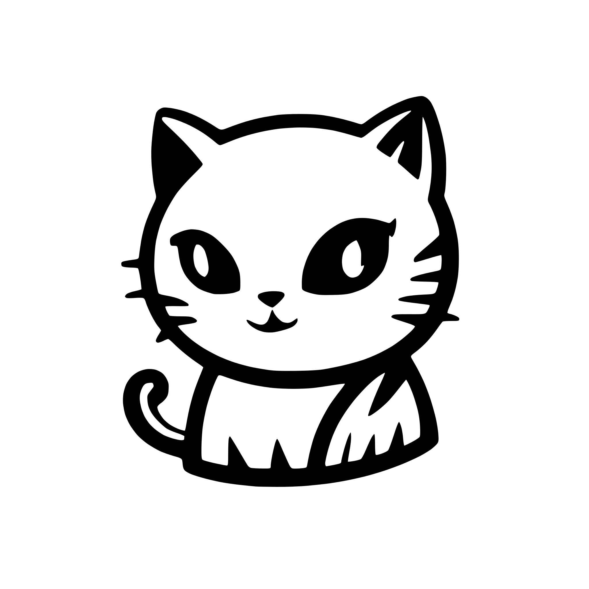 AI-generated SVG of 'black solid cat, mascot for a language app, very minimalistic, cute, small, solid body and head black and eyes white, jinx cat, clumsy'