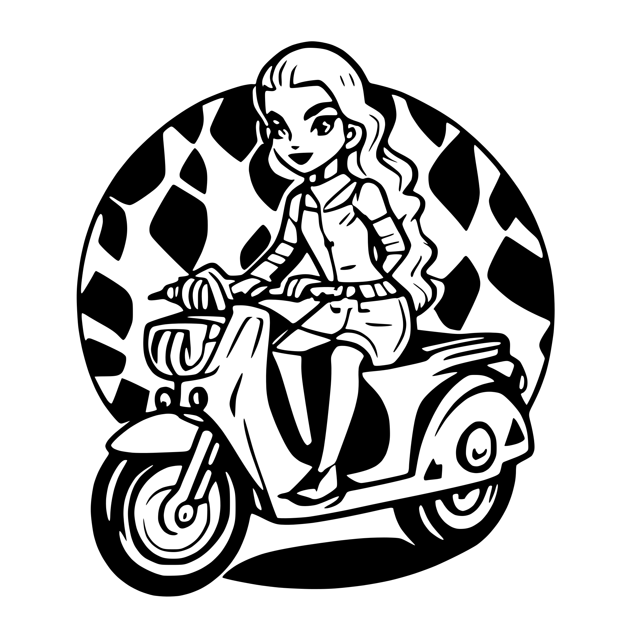 AI-generated SVG of a Woman on a vespa Rockabilly