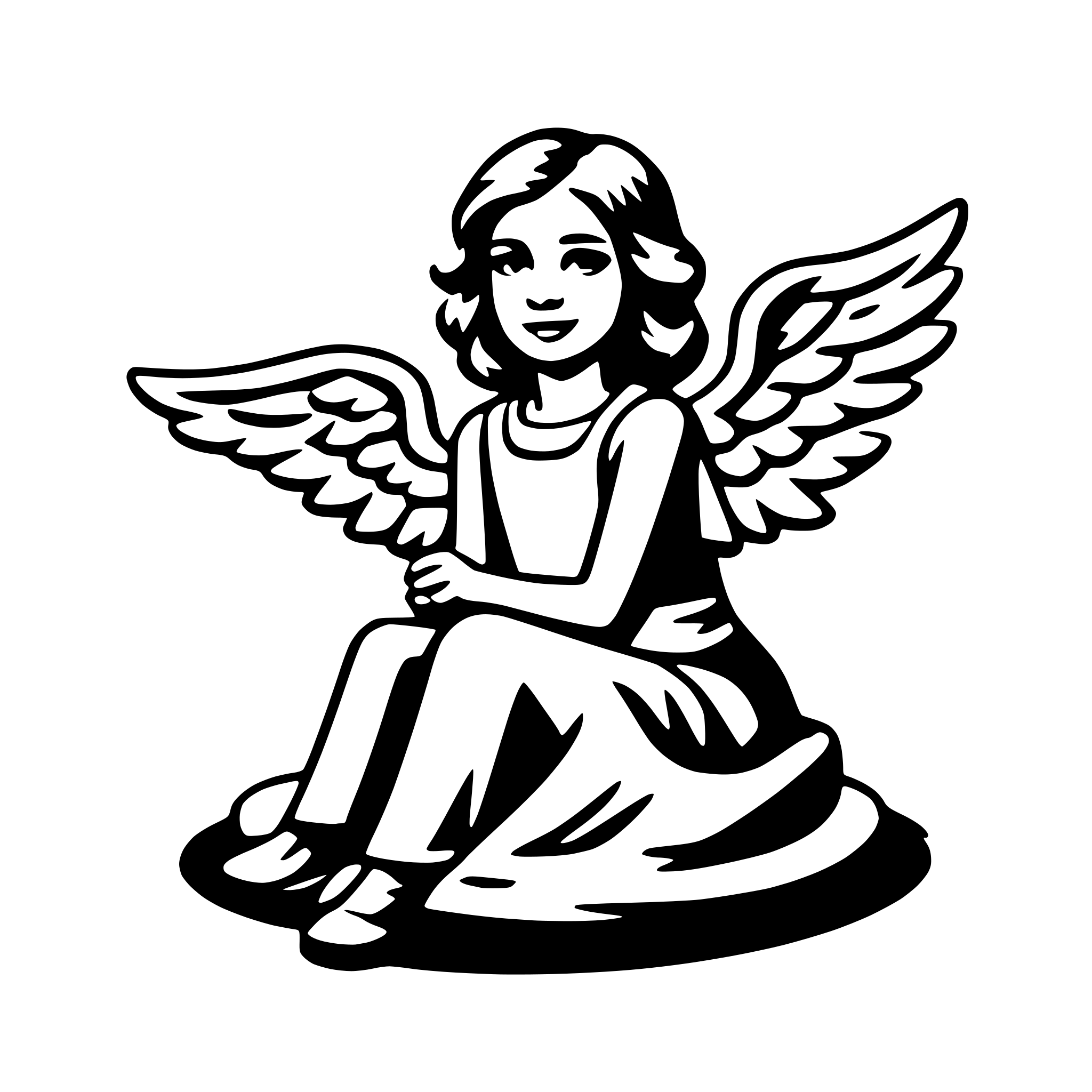 The SVG features a stylized black and white illustration of a young girl with curly hair, sitting with her arms crossed. She is wearing a sleeveless top and has a contented expression. Above her head, there are two outstretched wings, suggesting she might be an angel or a fairy. The girl is seated on a circular base, which could be interpreted as a cloud or a cushion. The overall style is simple and cartoonish, with clean lines and minimal shading. 