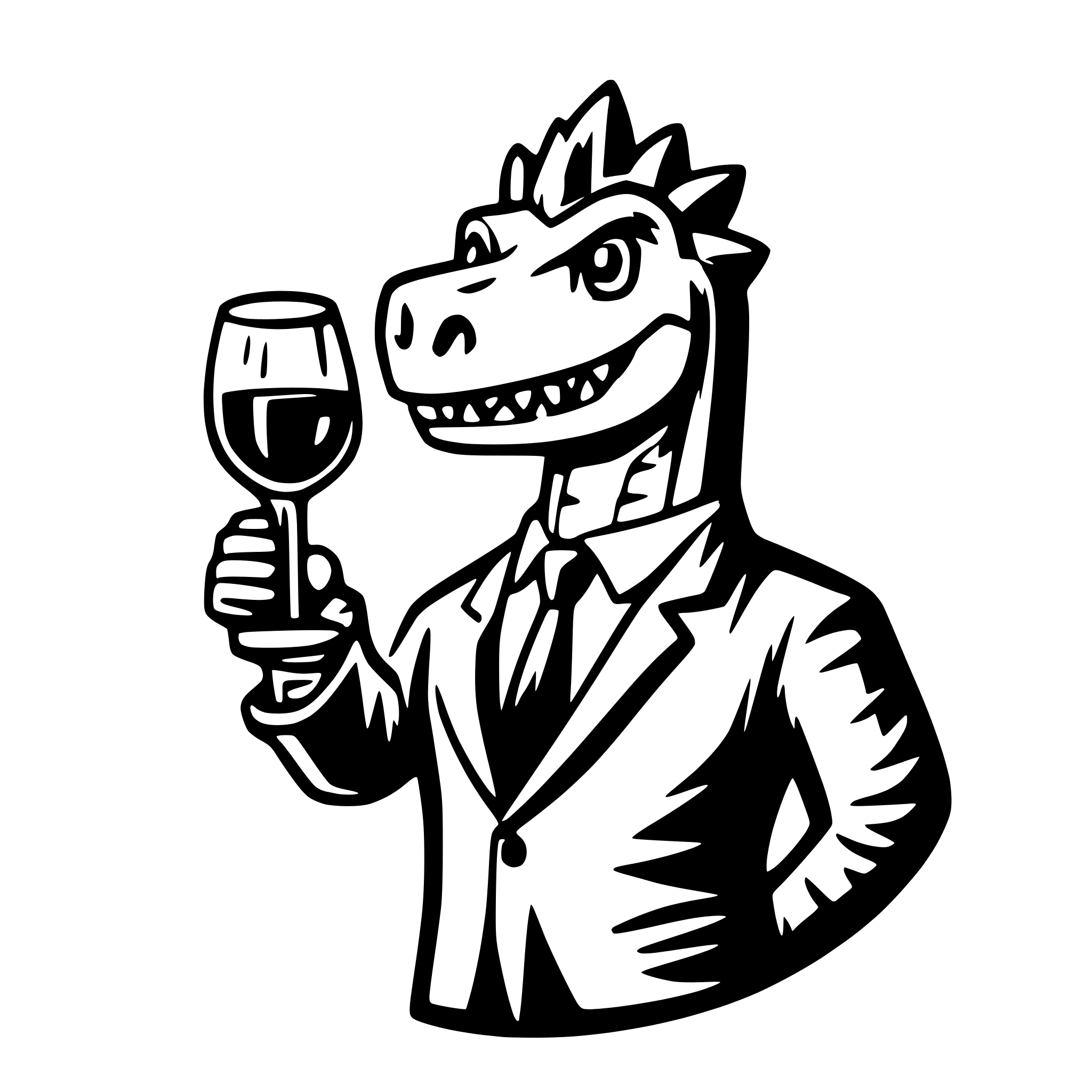 AI-generated SVG of a dinosaur with a glss of wine in the hand