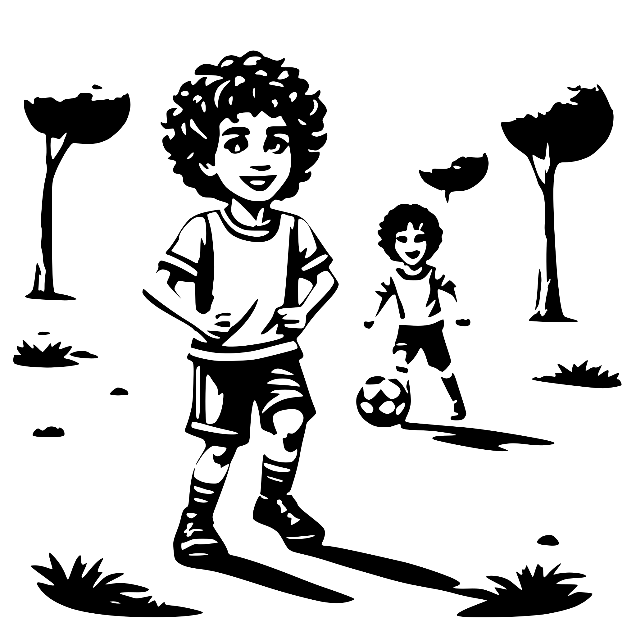 AI-generated SVG of a A cute little boy, with curly hair, playing soccer with his friends on the dirt field of their neighborhood in Iran.