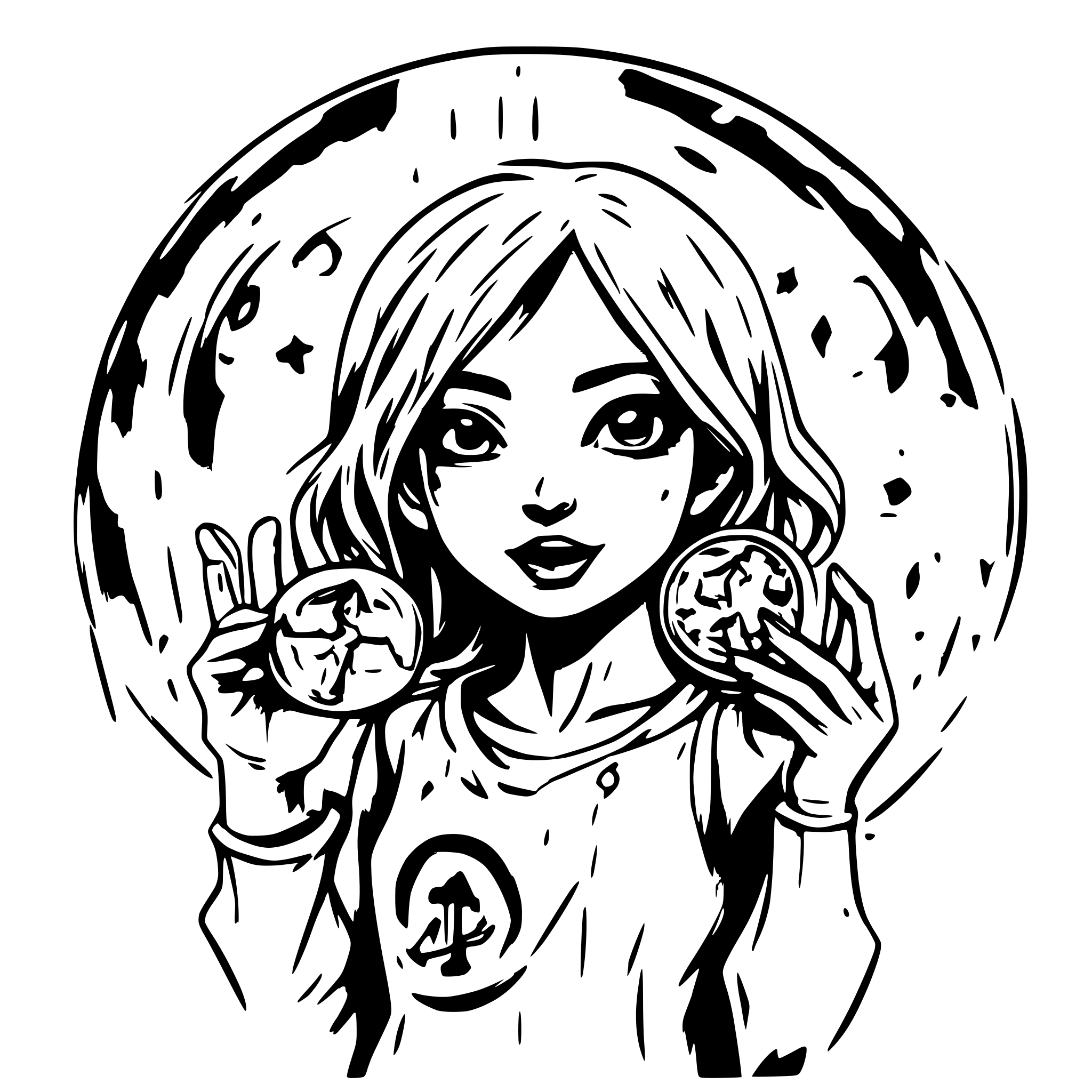AI-generated SVG of a zombie girl with marking on her face holding up two fingers in the air. Whole picture is encircled in a circle representing a monetary coin with stars and moon.