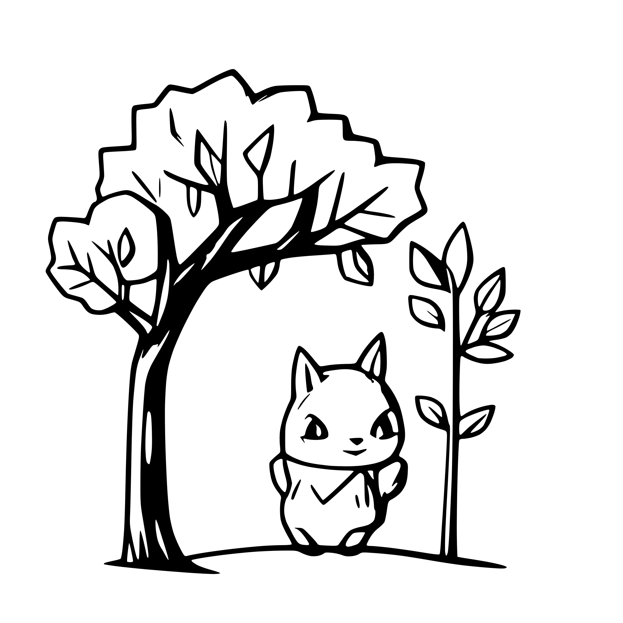 AI-generated SVG of a totoro with a one japanese cherry tree for colouring only lines in the style of hayao miyazaki