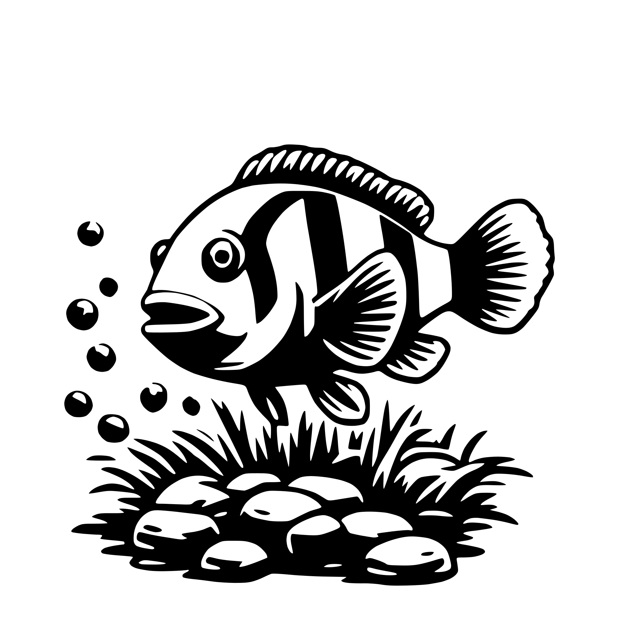 The SVG depicts a stylized black and white illustration of a fish leaping out of the water. The fish is characterized by its striped pattern and is shown with its mouth open, as if it is in the process of jumping. Below the fish, there is a cluster of eggs, which are likely the fish's offspring, and the fish appears to be jumping over them. The background is minimal, with a simple representation of water and a hint of grass or plants, which suggests that the fish is in a natural aquatic environment. The SVG is a vector graphic, which means it is composed of lines and shapes that can be scaled up or down without losing quality. 