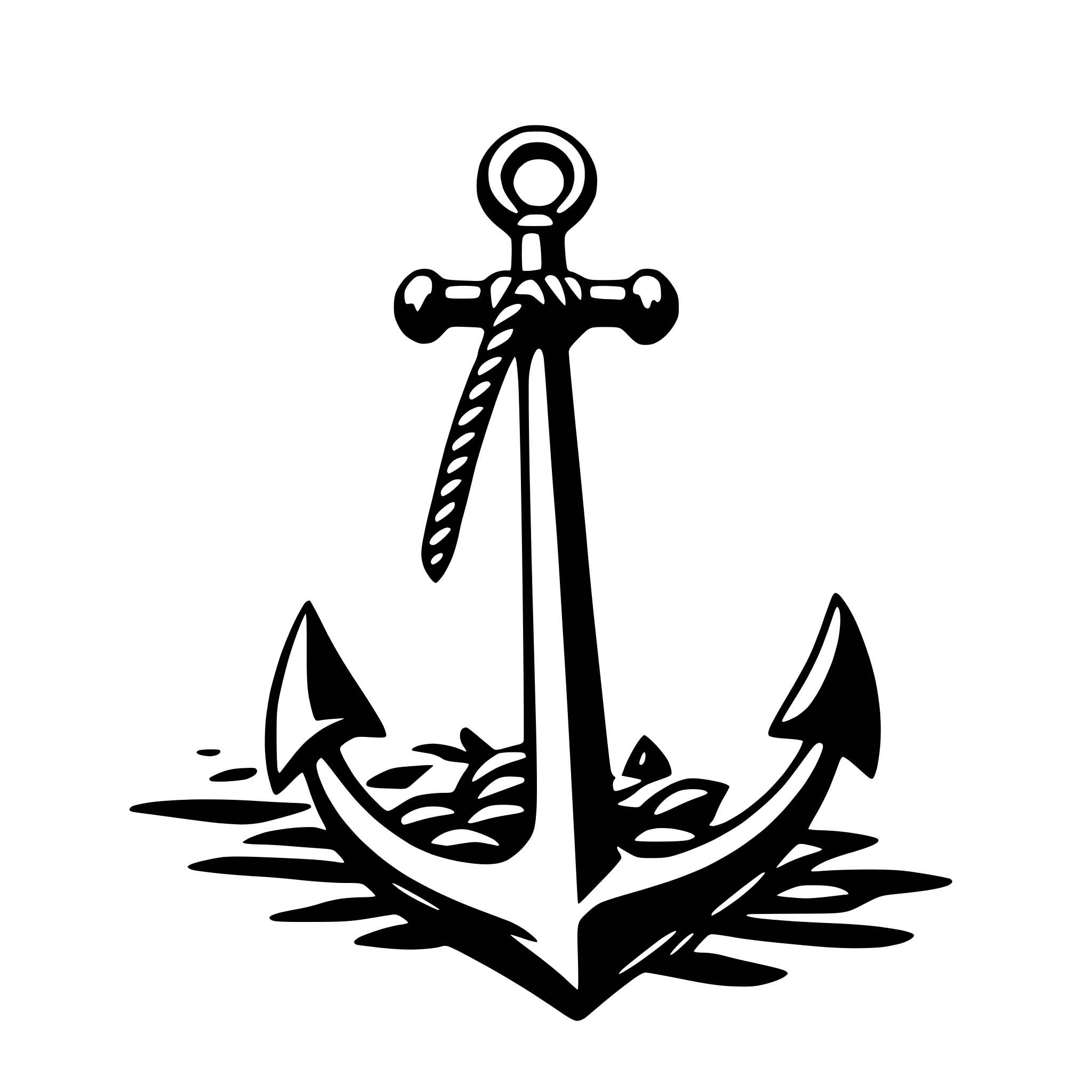 The SVG shows a simple black and white line drawing of an anchor. The anchor is depicted with a pointed tip, a shank, a stock, and three flukes. The shank is curved and ends with a loop, which is a common feature for securing the anchor to a rope. The stock is the vertical part of the anchor that connects the shank to the flukes. The flukes are the three curved pieces at the bottom of the anchor that provide buoyancy and stability when the anchor is submerged. The anchor is shown in a resting position, with the flukes pointing downward and the shank and stock pointing upward. There is no interaction between the objects as it is a static SVG. 
