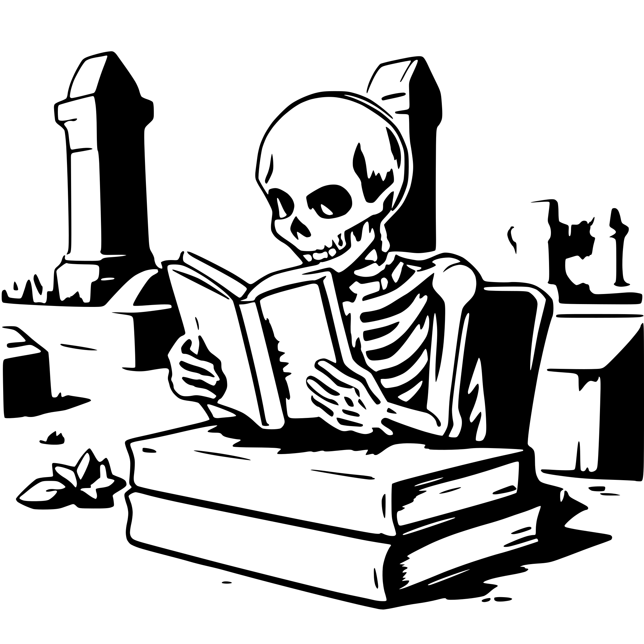 AI-generated SVG of a a skeleton on a cemetery reading a big book