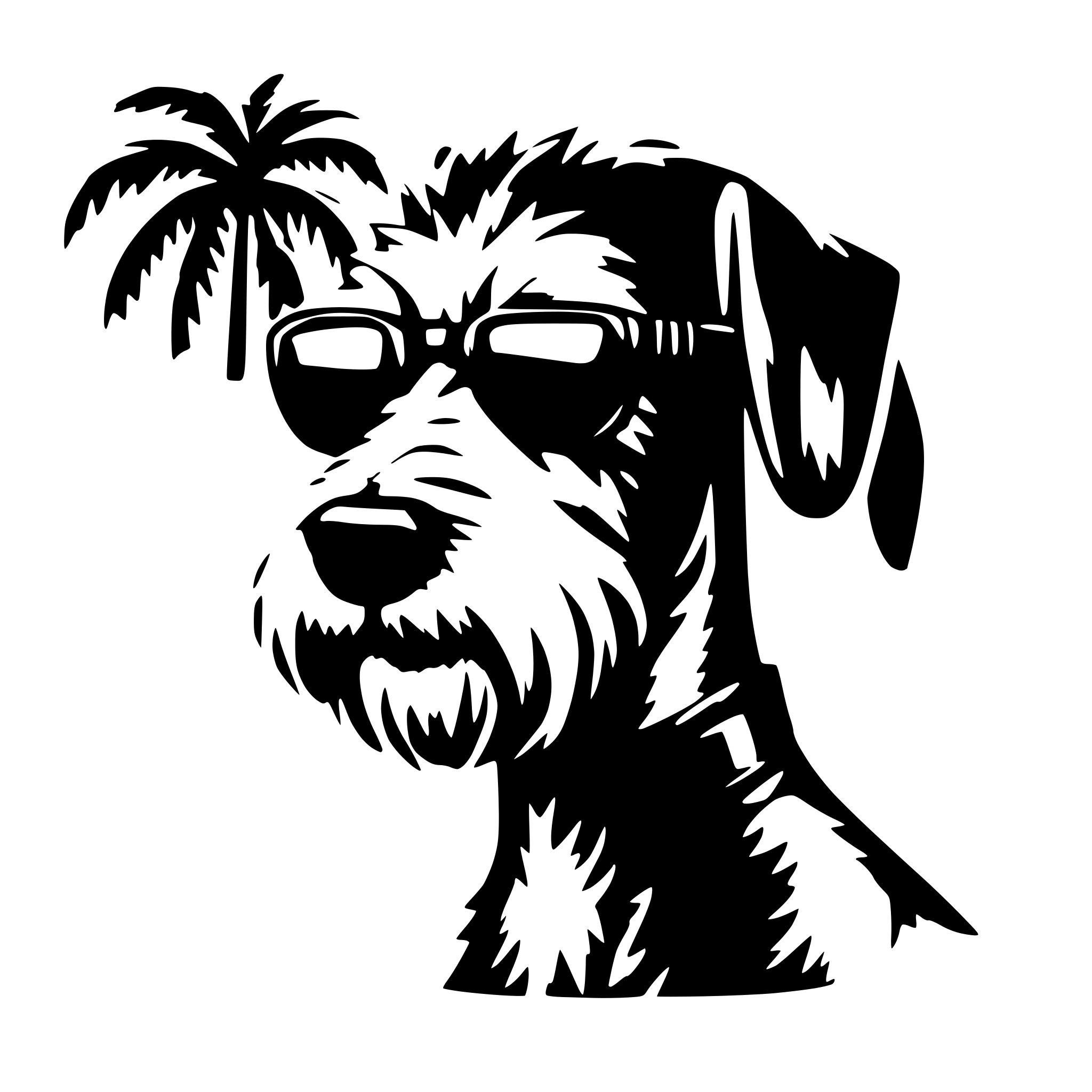 AI-generated SVG of a face of a schnauzer dog wearing sunglasses that show palm trees in their reflection