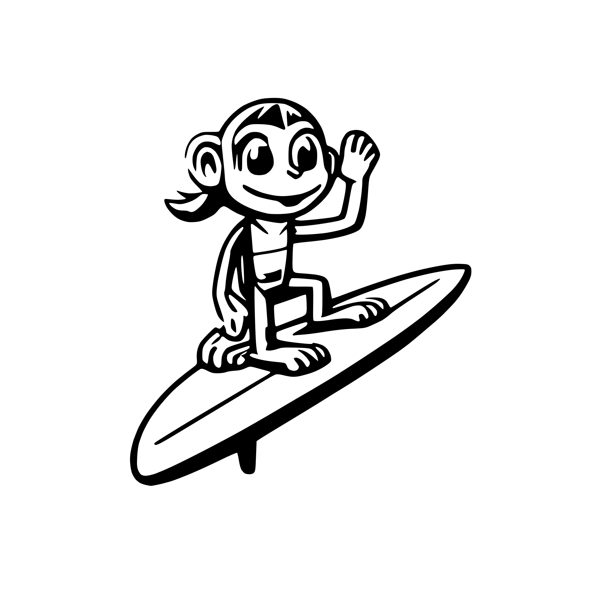 AI-generated SVG of a cartoon monkey riding a wave on a surfboard, trying not to fall off