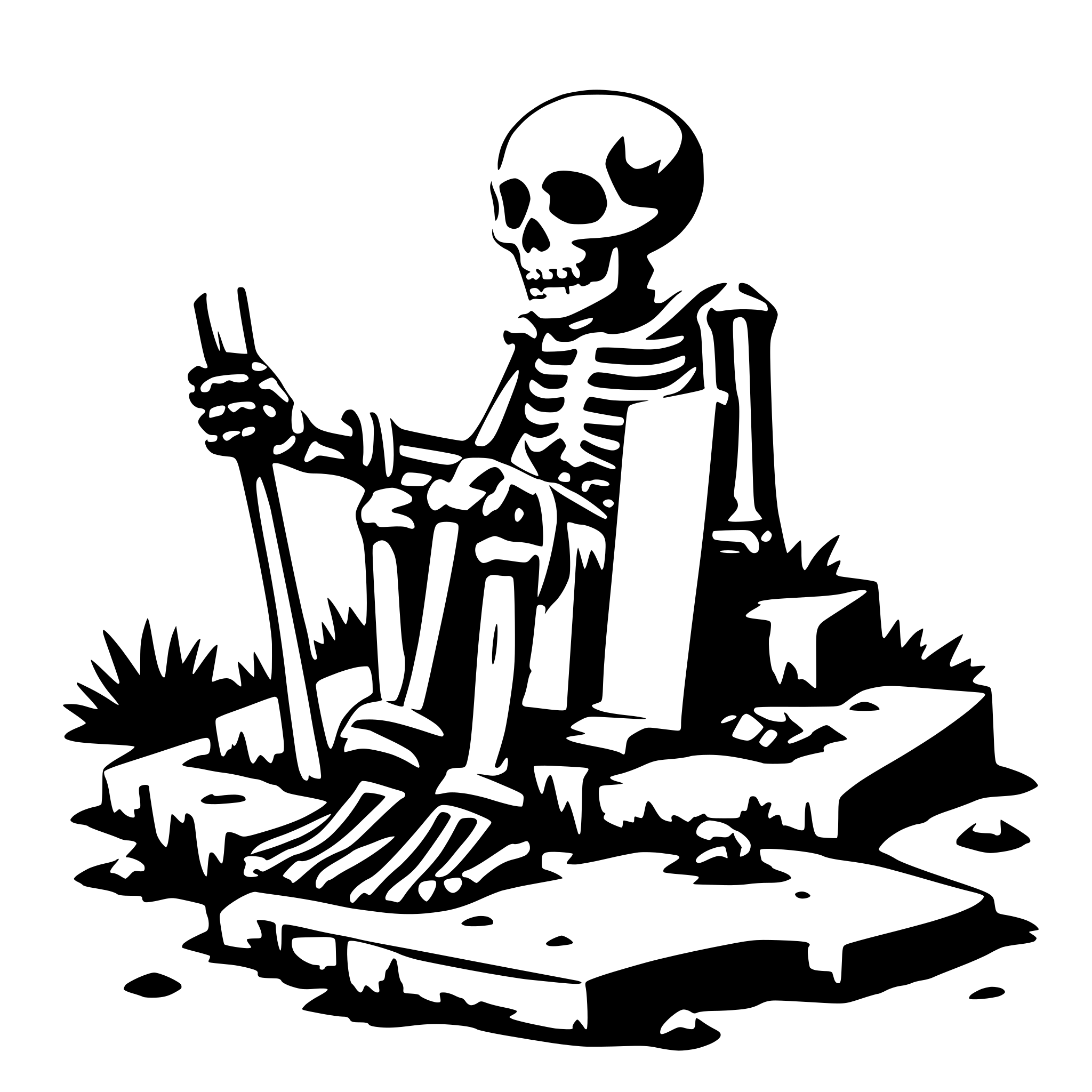 AI-generated SVG of a a skeleton climbs out of a grave with a book in his hand