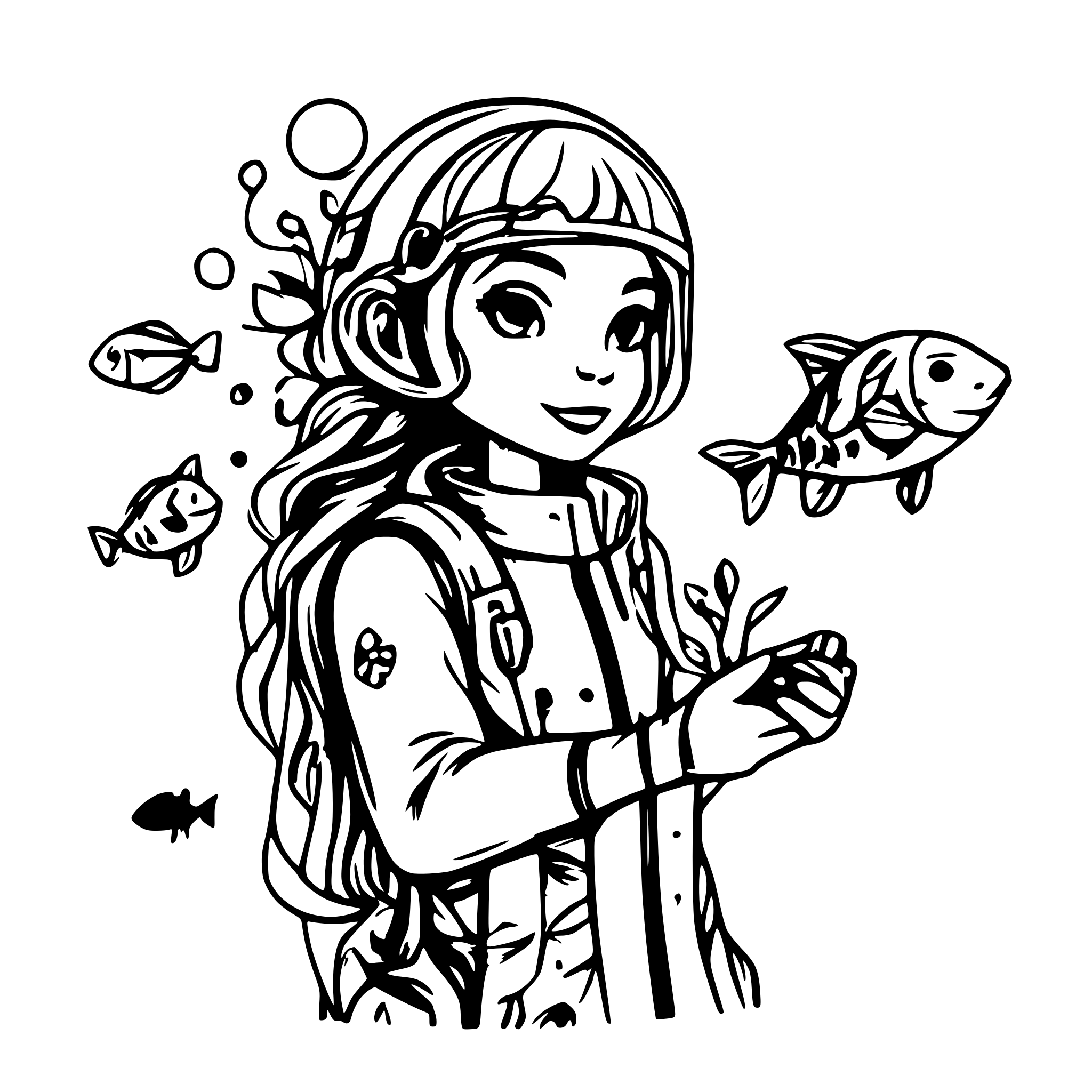 AI-generated SVG of a Female Scubadiver with Fishes and bubbles around her