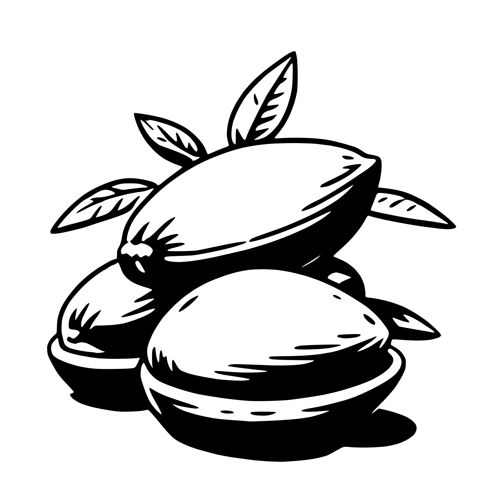 The SVG depicts a stylized illustration of a cluster of what appears to be fruits or vegetables, possibly artichokes or a similar type of plant, with leaves extending from the top. The leaves are arranged in a fan-like pattern, and the fruits or vegetables are stacked on top of each other, with the largest one at the bottom and the smallest at the top. The illustration is simple and uses solid lines and shapes to convey the subject matter. 