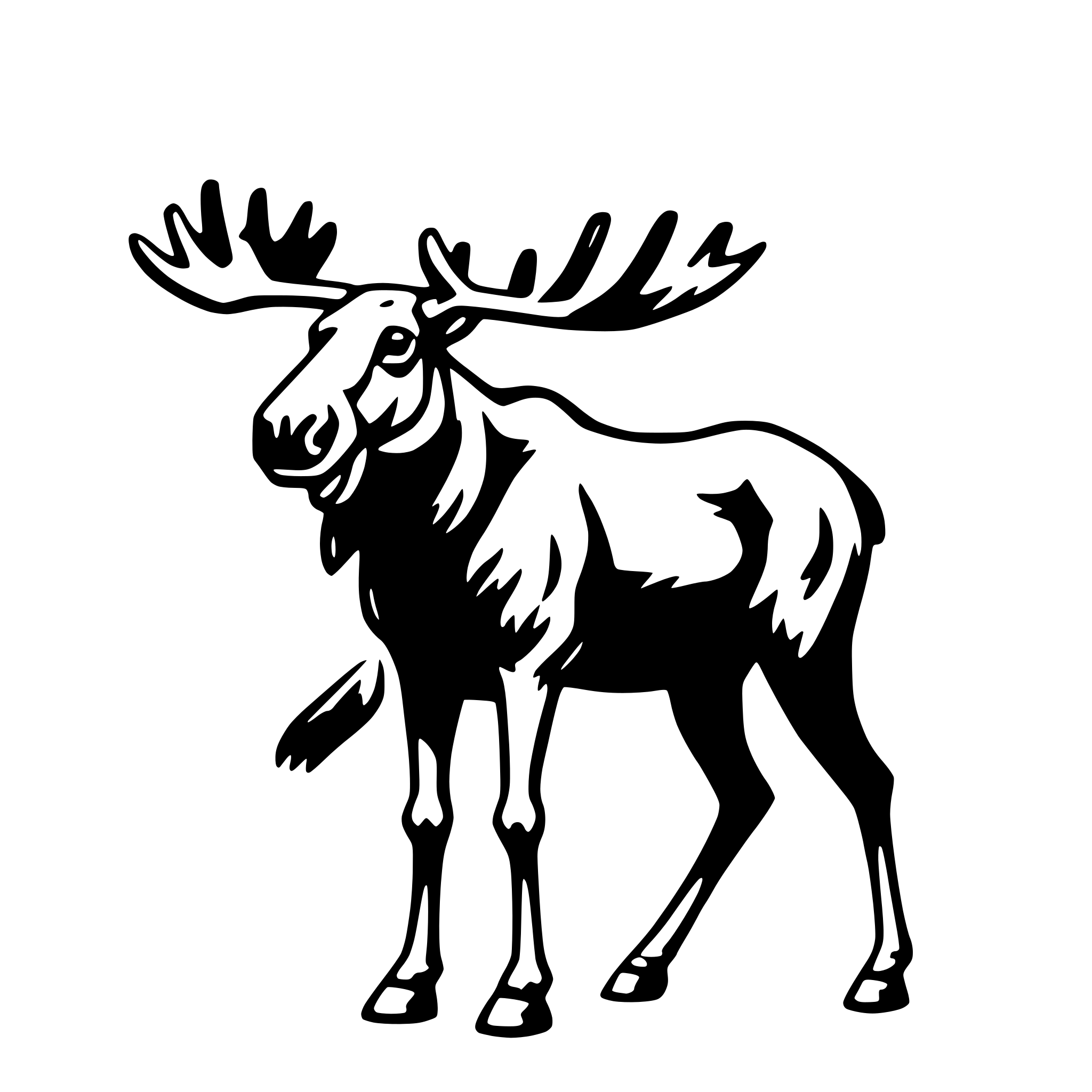 The SVG depicts a stylized, cartoon-like depiction of a moose. The moose is standing with its head turned to the side, showing its profile. It has large antlers, a prominent nose, and a simple, outline-style representation of its body and legs. The moose is facing to the right, and its tail is raised slightly. The background is plain and does not interact with the moose. 