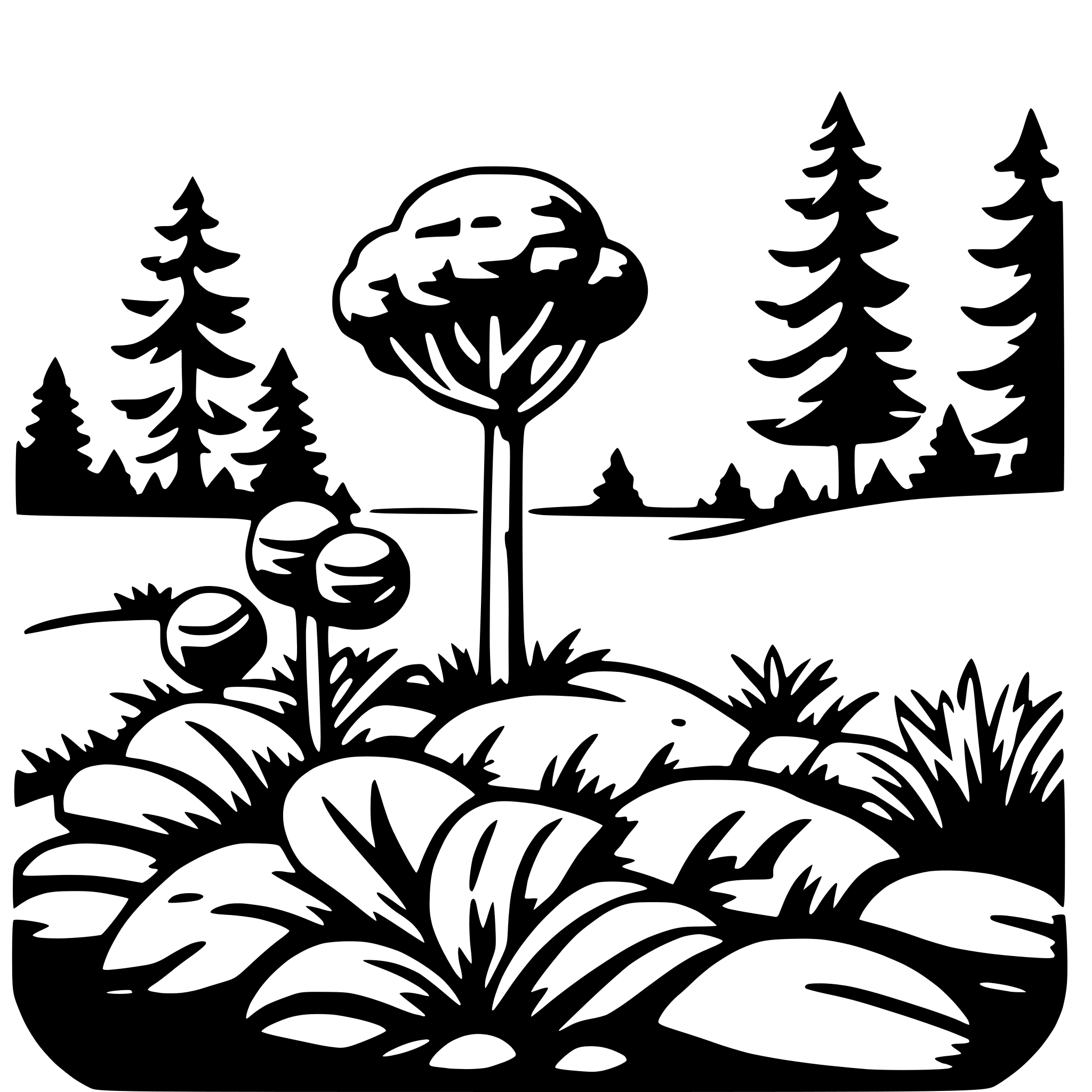 The SVG depicts a stylized, black and white illustration of a forest scene. The main objects include a tree with a rounded canopy, two smaller trees with conical tops, and a variety of foliage and plants at the base of the tree. The trees are silhouetted against a lighter background, which suggests a sky or a clearing. The plants at the base of the tree appear to be a mix of grasses and possibly small shrubs or flowers. The overall style is simplistic and graphic, with no shading or textures to suggest depth or texture. The trees and plants are arranged in a way that suggests a natural, outdoor setting. 