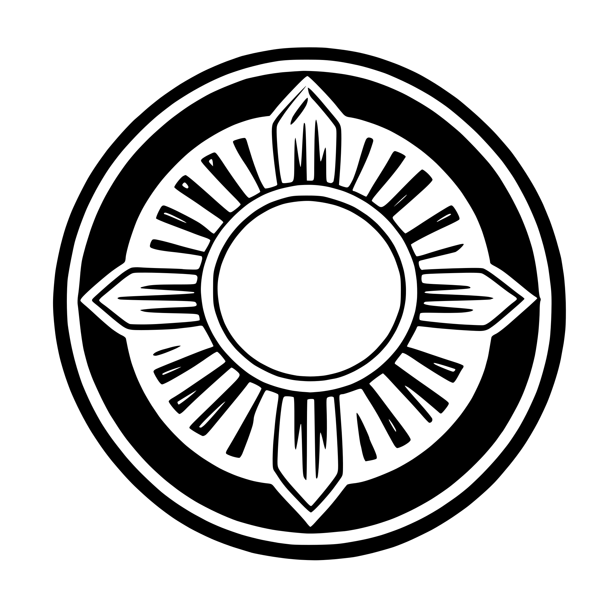 The SVG features a circular emblem with a central, white, sun-like motif. Surrounding the central motif are eight rays that extend outward from the center, creating a symmetrical pattern. The rays are stylized with a pointed tip and a slightly tapered shaft, giving them a dynamic and radiating appearance. The emblem is outlined with a thin black line, which contrasts with the white interior. The overall design is simple yet striking, with a clear focus on the central motif and the symmetrical arrangement of the rays. 