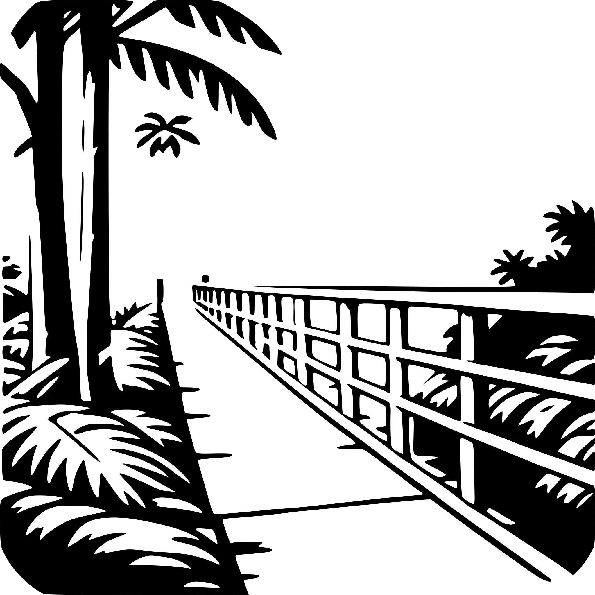 The SVG depicts a black and white illustration of a pathway leading towards a bridge. The pathway is flanked by vegetation on both sides, with palm trees prominently featured. The bridge appears to be a simple structure with a railing, and it extends into the distance, where it is not clearly visible. The overall style of the SVG is minimalistic and uses negative space to create the impression of a tropical environment. The pathway and bridge are the main objects, and their interaction suggests a connection between two areas, possibly separated by a body of water or a natural barrier. The vegetation adds a sense of scale and environment to the scene. 