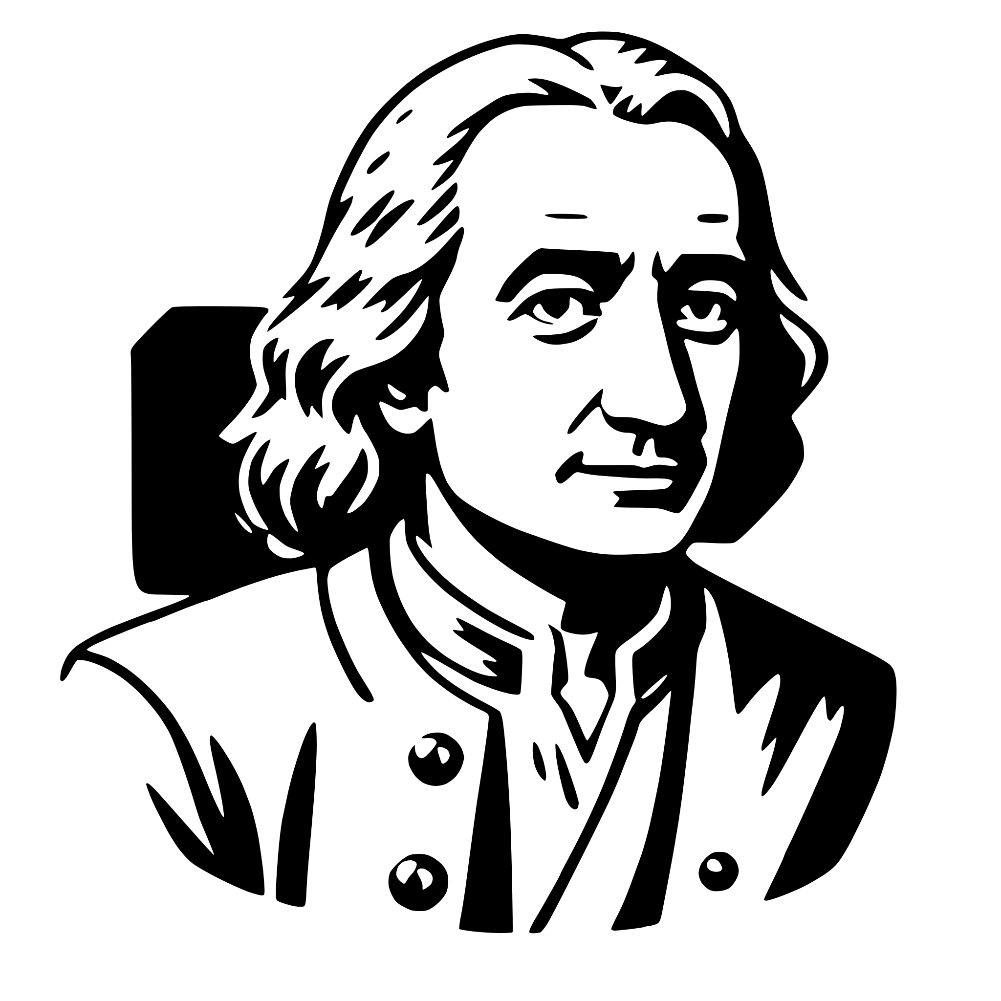 The SVG depicts a stylized black and white illustration of a man's face. The man has a beard and mustache, and his hair is styled in a way that it appears to be parted and combed. He is wearing a coat with a collar, and there is a small, rectangular shape to the left of his head, which could be interpreted as a part of a larger object or a decorative element. The man's expression is neutral, and he is looking directly at the viewer. The style of the illustration is reminiscent of a classic portrait, with clean lines and a limited color palette. 