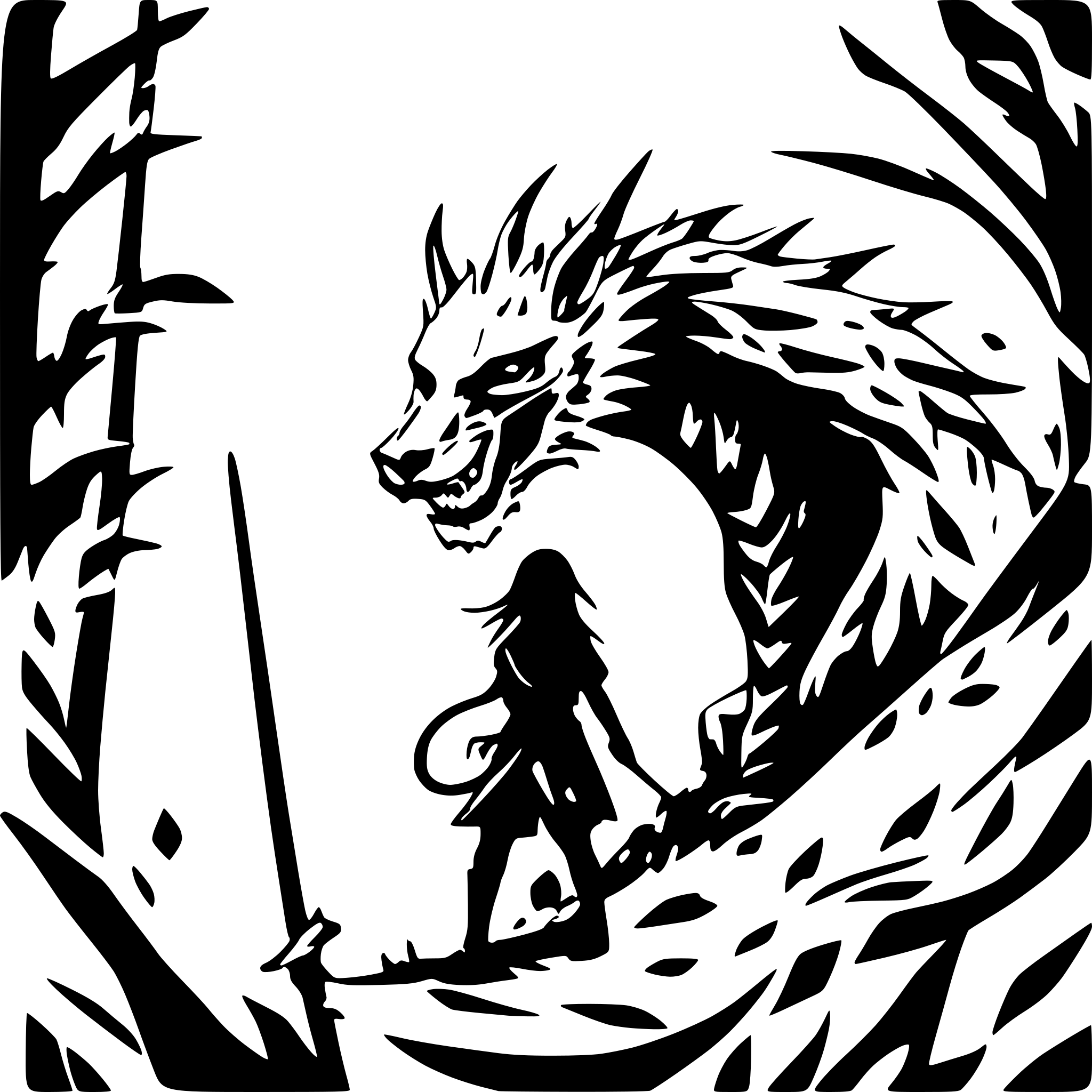 AI-generated SVG of a grimreaper silhoutte at the top and down under is a dragon fighting a tiger