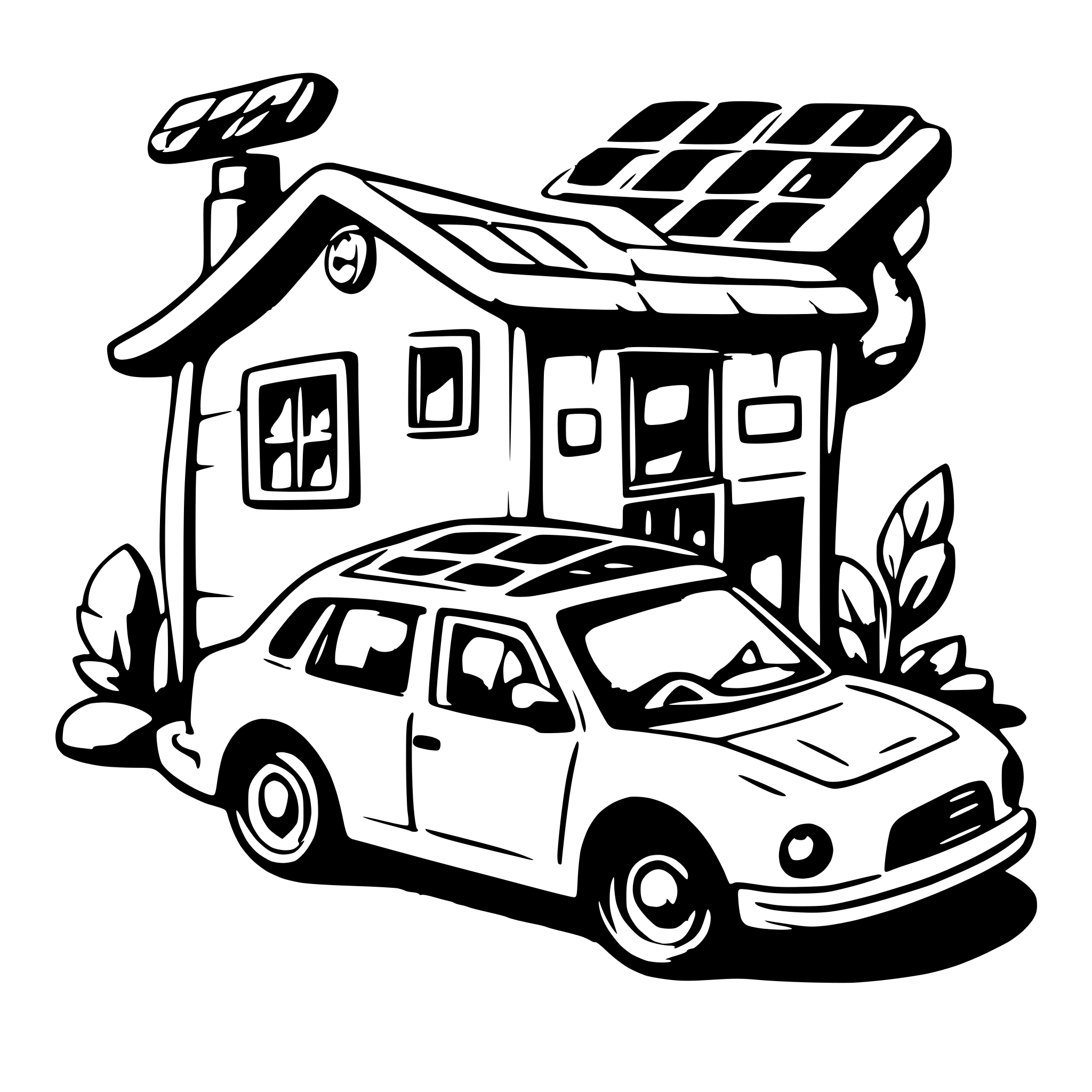 AI-generated SVG of a house and car powered by solar panels with chargers
