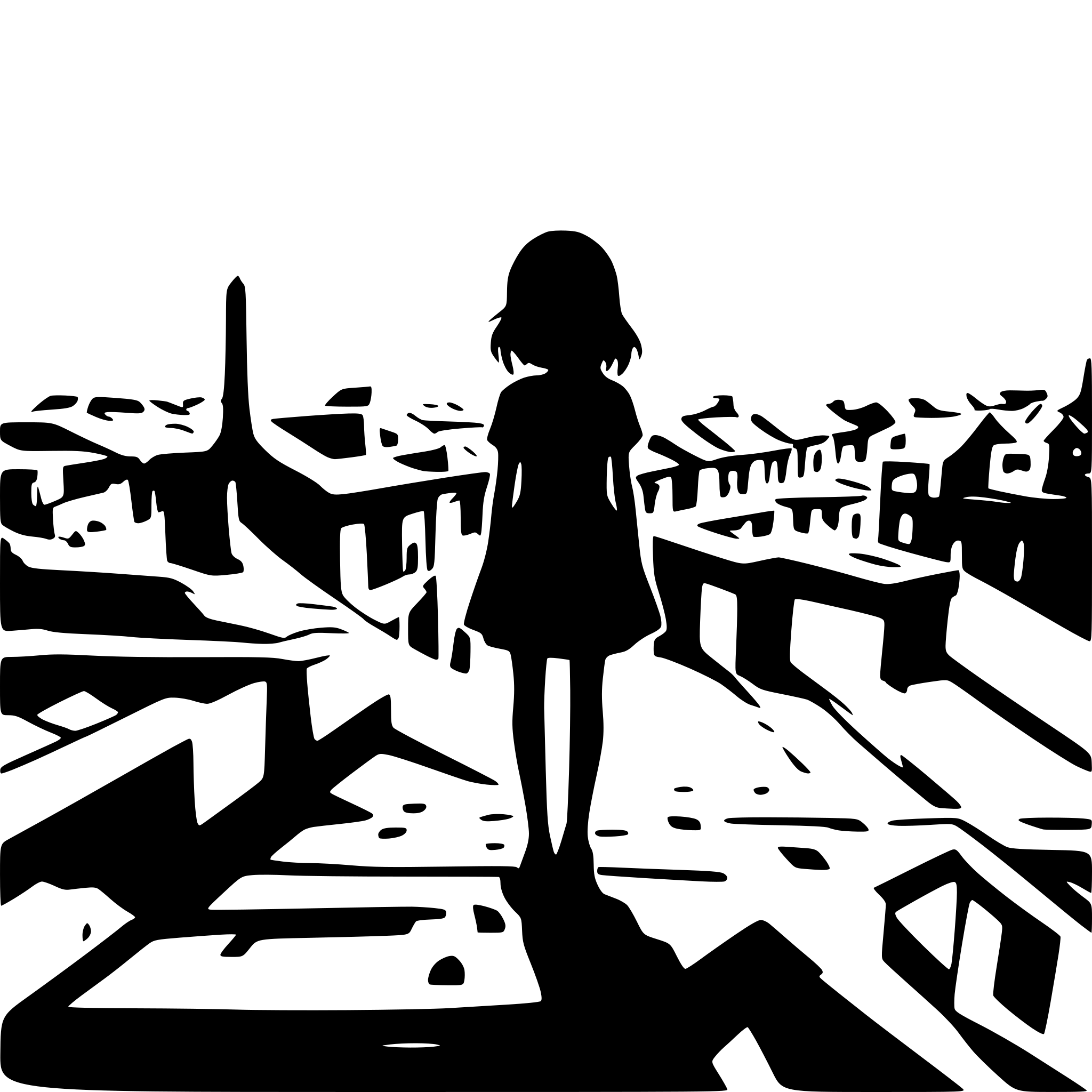 AI-generated SVG of a creepy girl standing at the edge of the rooftops of a dark and ruined city looking at the streets below