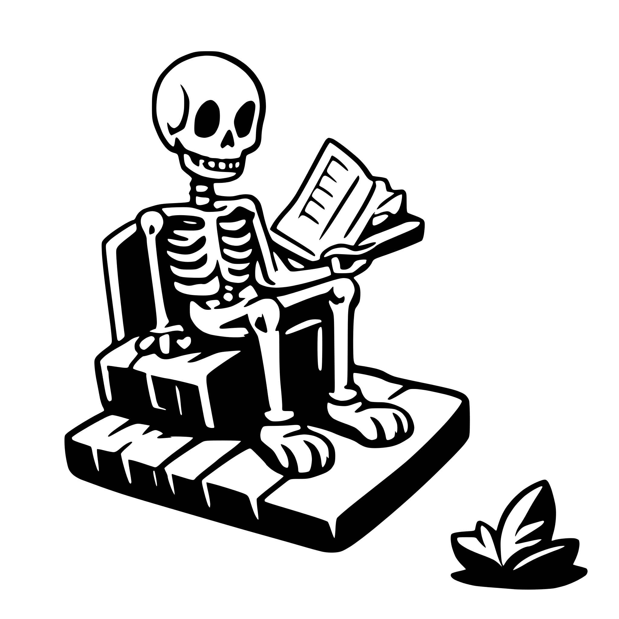 AI-generated SVG of a a skeleton sitting on a grave an reading