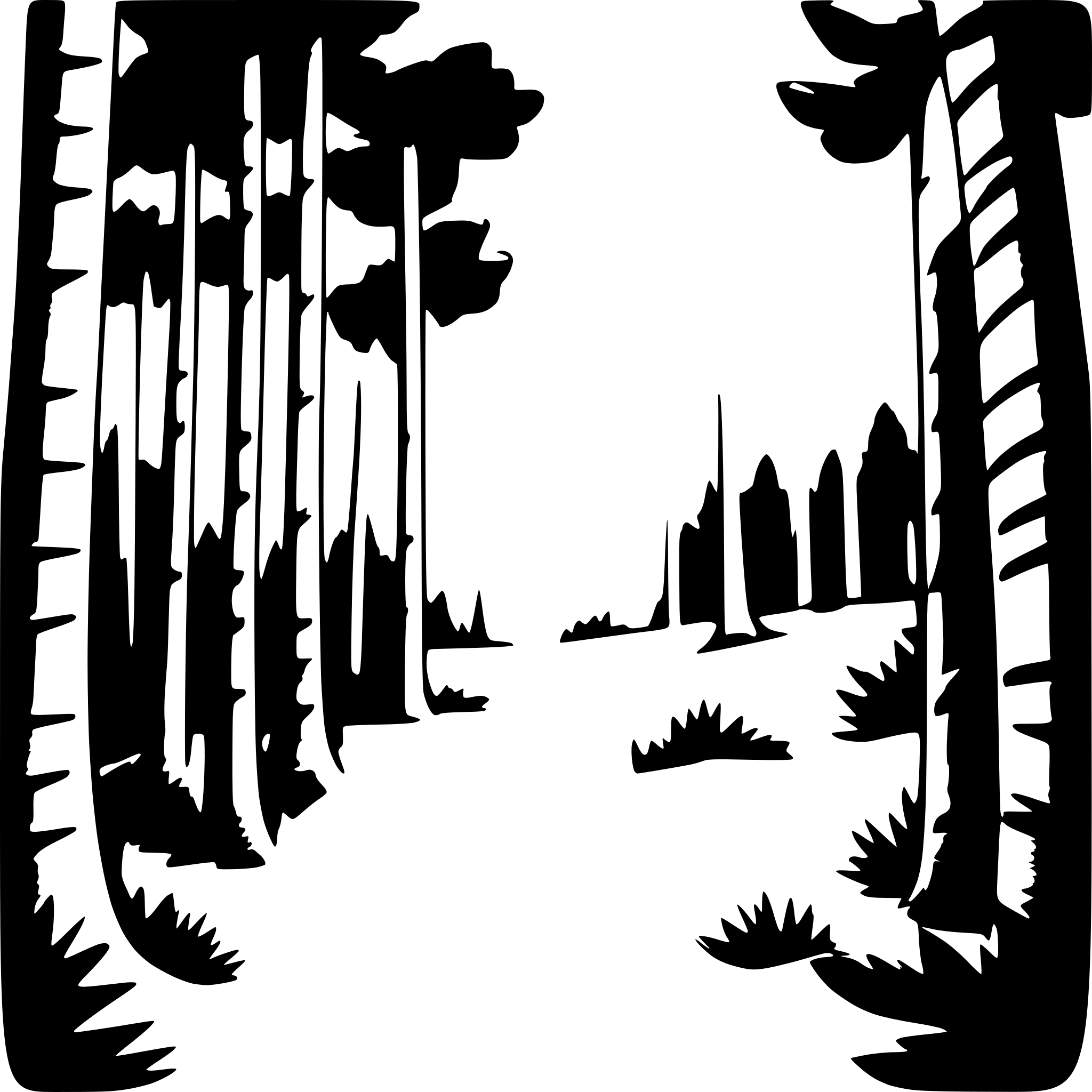 AI-generated SVG of a This image captures the serene beauty of a forest pathway. A thin sandy trail winds through a  woodland of tall slender pine trees. The sun is directly above which means the trees do not cast any shadows. The trees have green needles, but they are not lush, in fact branches don't appear at all on the bottom half of the trees. The trees appear quite fragile. The ground is covered with reddish-brown dirt or clay and is otherwise barren. The canopy of trees creates a tunnel-like effect over the thi