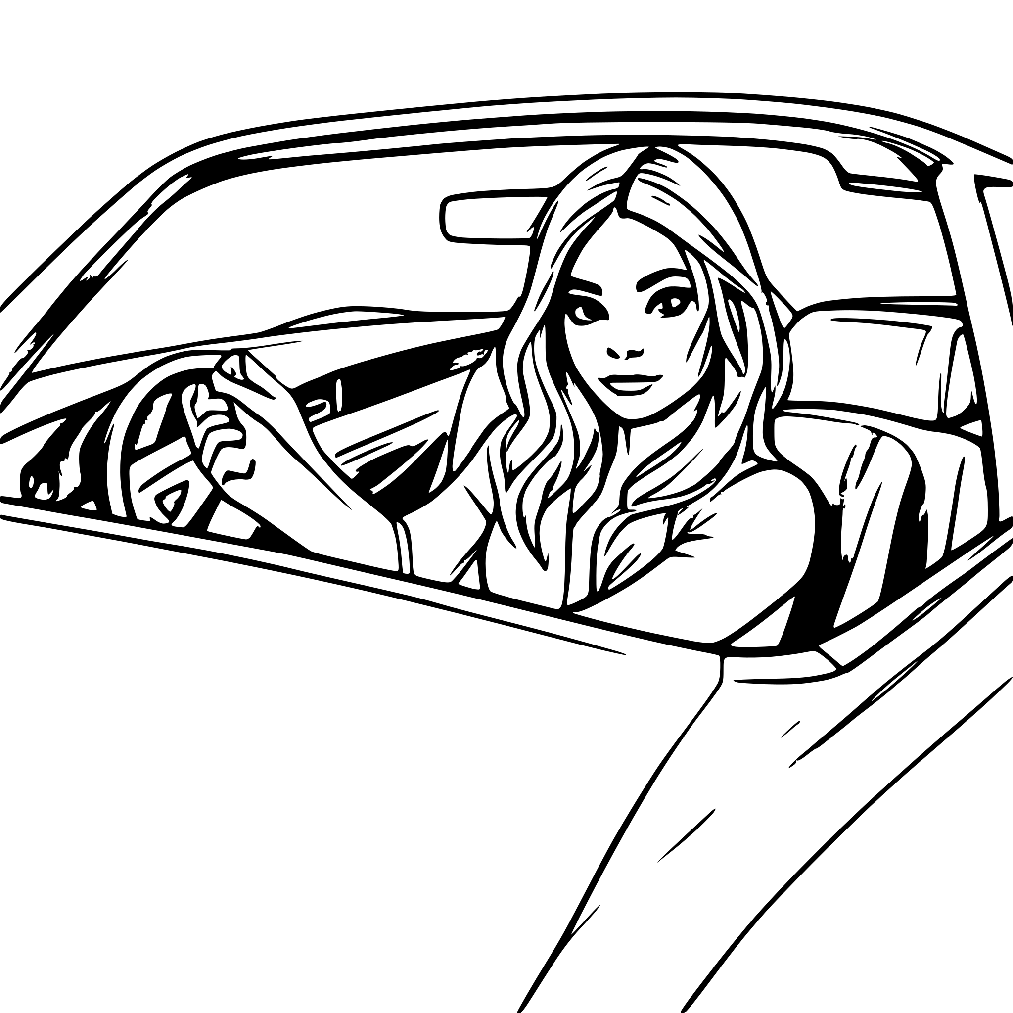AI-generated SVG of a girl and a  man in mustang car riding through highway, give interior view