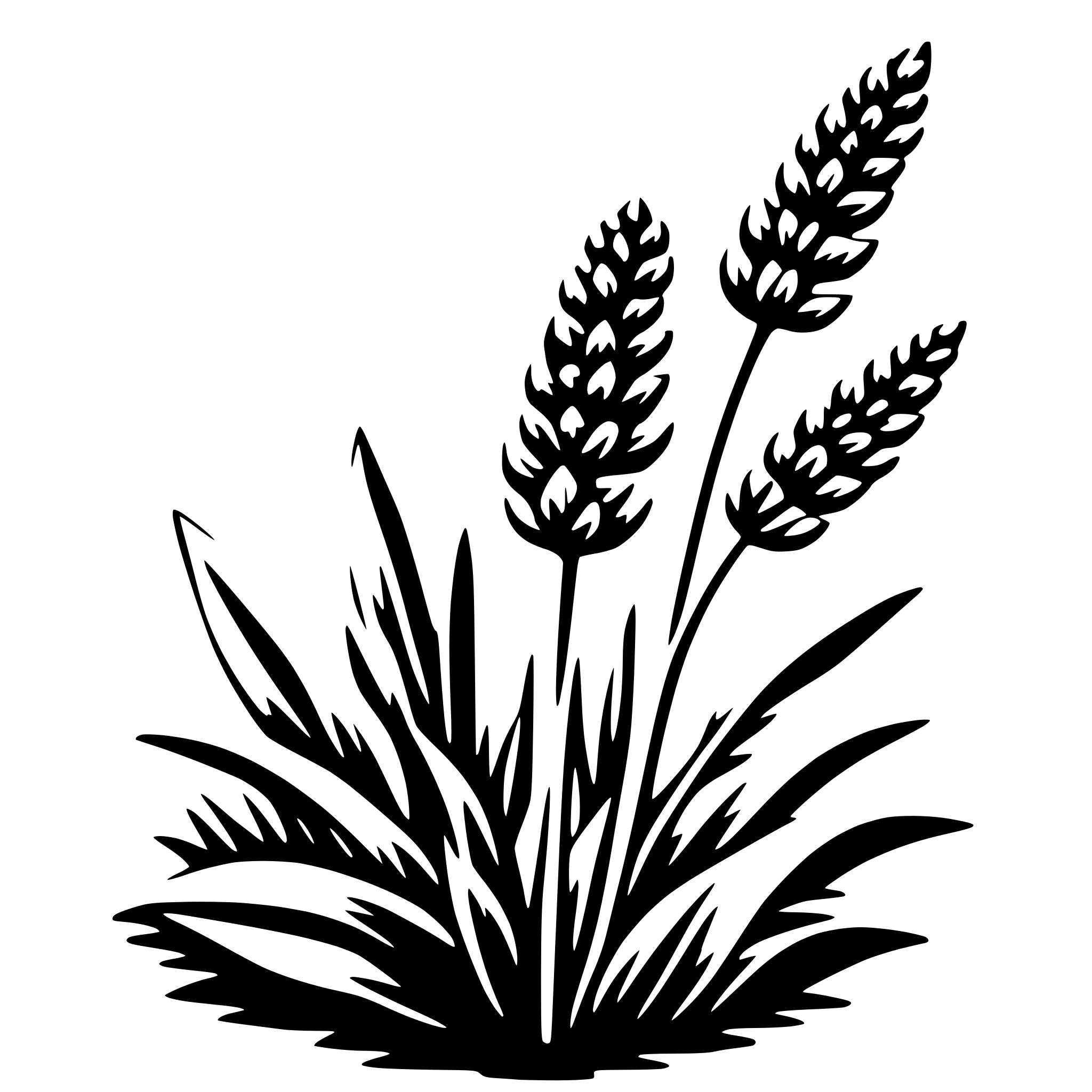 The SVG depicts a stylized illustration of three wheat stalks with ears of wheat, set against a white background. The wheat stalks are arranged in a triangular formation, with the tallest stalk on the left and the shortest on the right. The ears of wheat are detailed with lines to represent the individual grains, and the stalks have a tapered shape with a pointed top. The overall style is simplistic and graphic, with a focus on the silhouette of the wheat. 