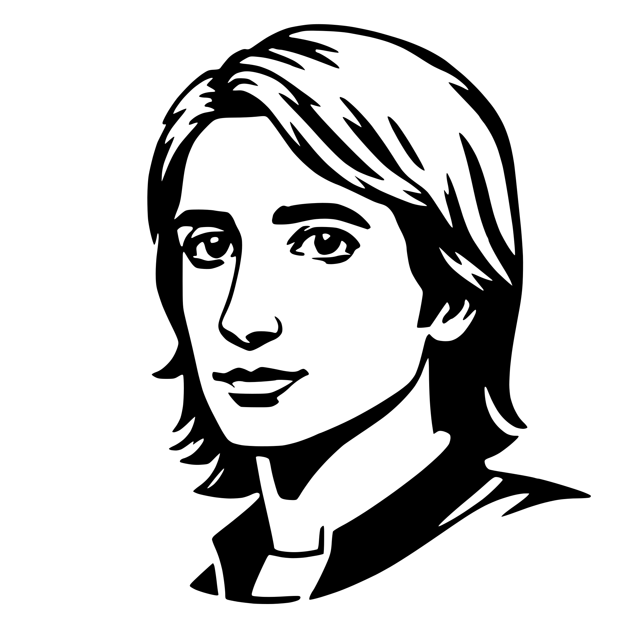 The SVG is a black and white vector illustration of a person's head and shoulders. The person has short hair, a neutral expression, and is wearing what appears to be a dark top with a collar. The style is simplistic and stylized, with clean lines and minimal detail. The SVG does not contain any text or additional objects, and the person's gaze is directed straight ahead. The interaction between the objects is straightforward, as the person's head and shoulders are the central focus of the SVG. 