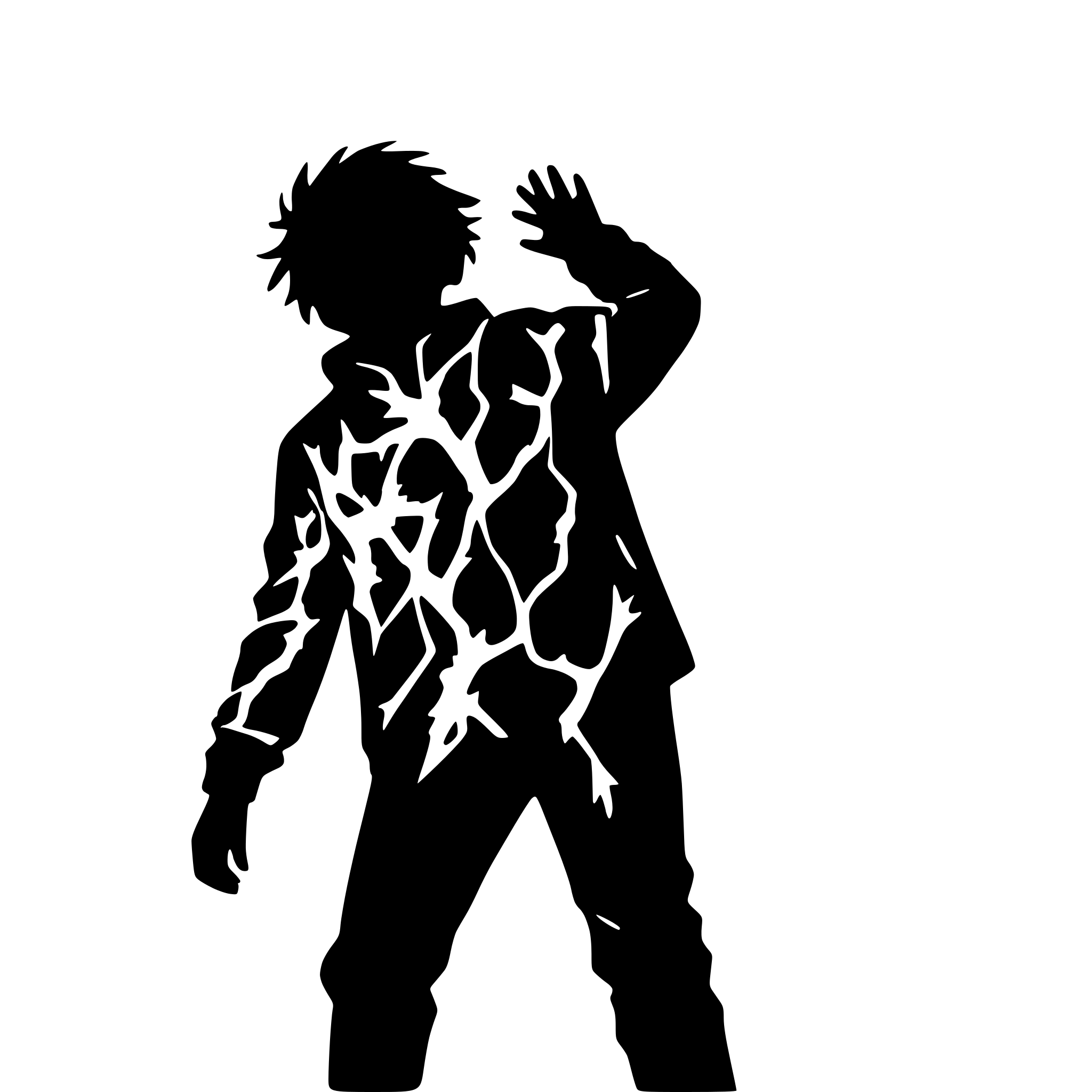 AI-generated SVG of a Teenage boy wearing a jacket silhouette with one arm in the air and catching lightning with lightning forking all around