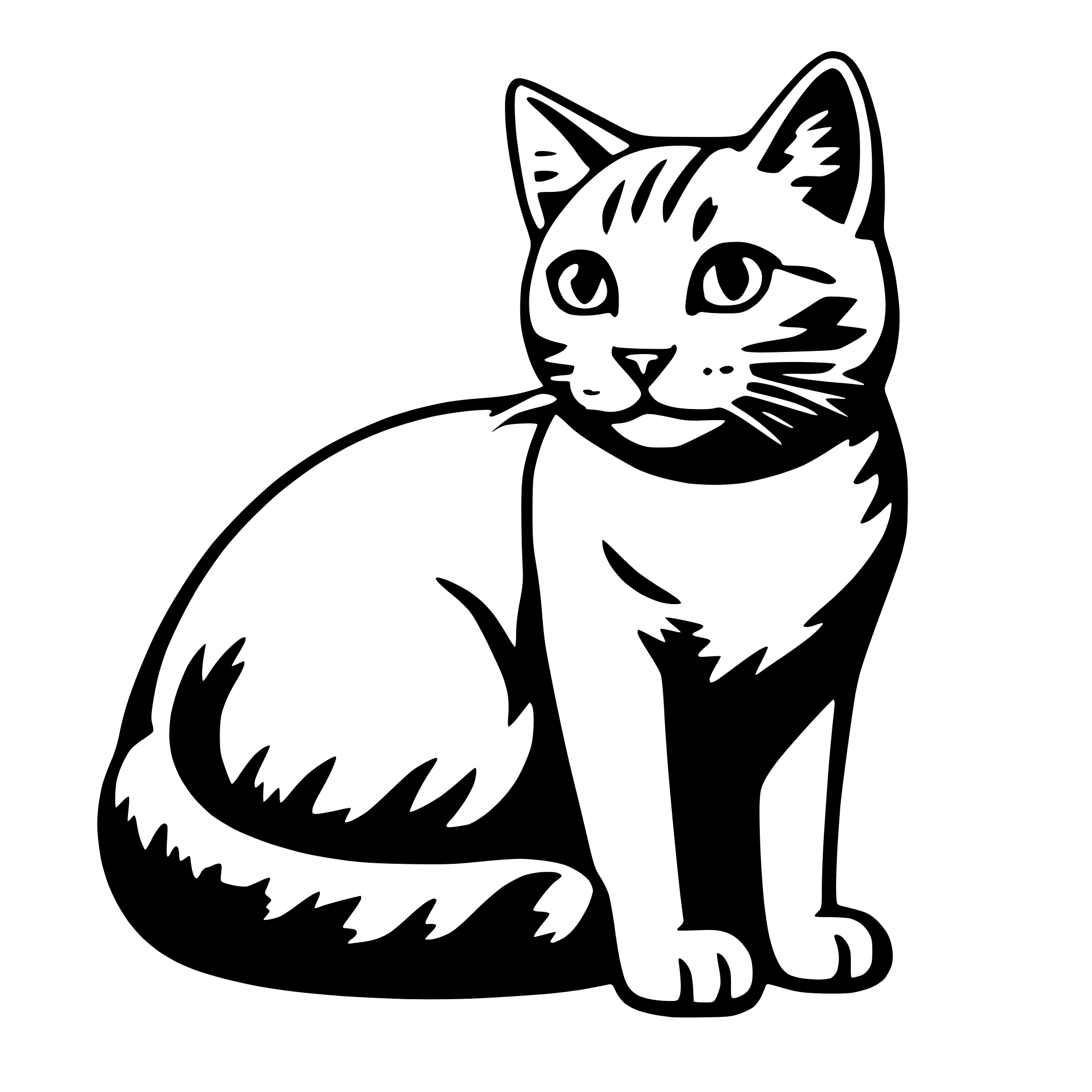 The SVG depicts a stylized black and white illustration of a cat. The cat is sitting upright with its front paws tucked under its body and its tail curled around its back legs. It has a round head with pointed ears, and its eyes are wide open, looking directly at the viewer. The cat's fur appears to be textured, giving it a soft and fluffy appearance. The SVG is simple and does not contain any additional objects or interactions. 