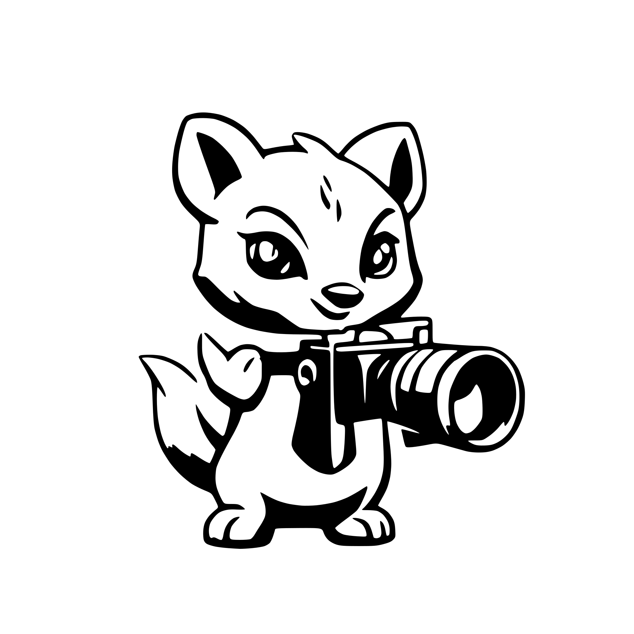 AI-generated SVG of a Minimalist black and white logo of a cute squirrel holding binoculars. Comical expression, simple shapes, vector illustration, clean lines.